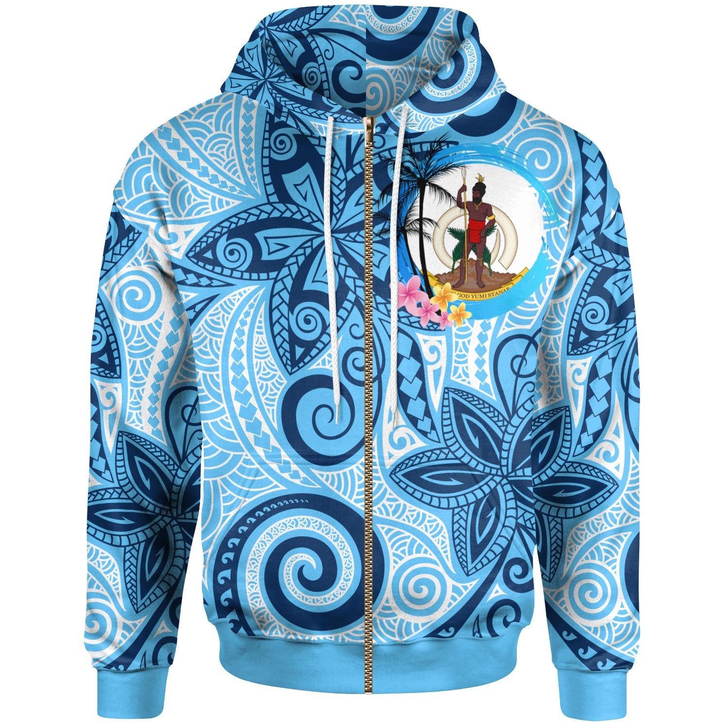 Vanuatu Zip Hoodie Tribal Plumeria Pattern Unisex Blue - Polynesian Pride