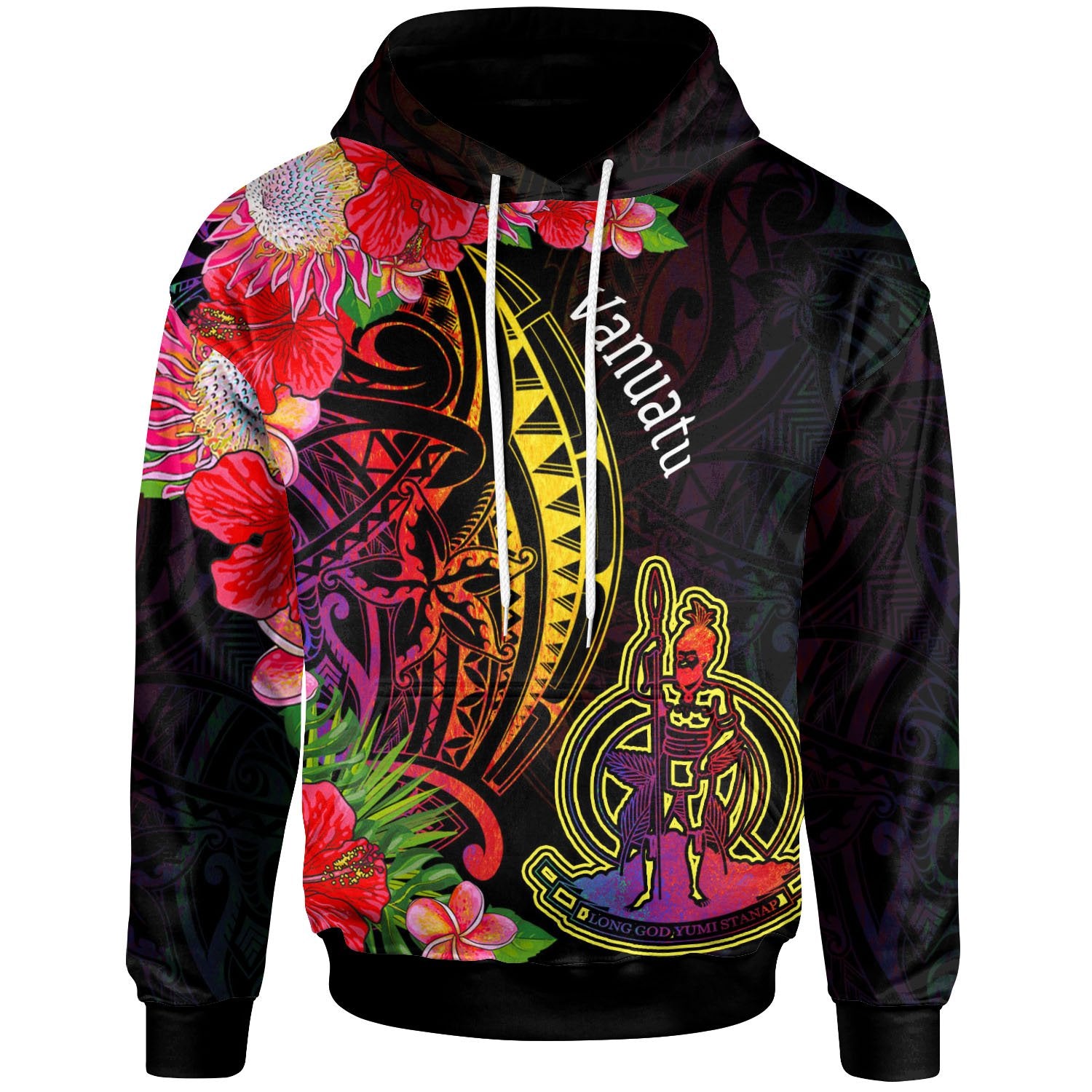 Vanuatu Hoodie Tropical Hippie Style Unisex Black - Polynesian Pride