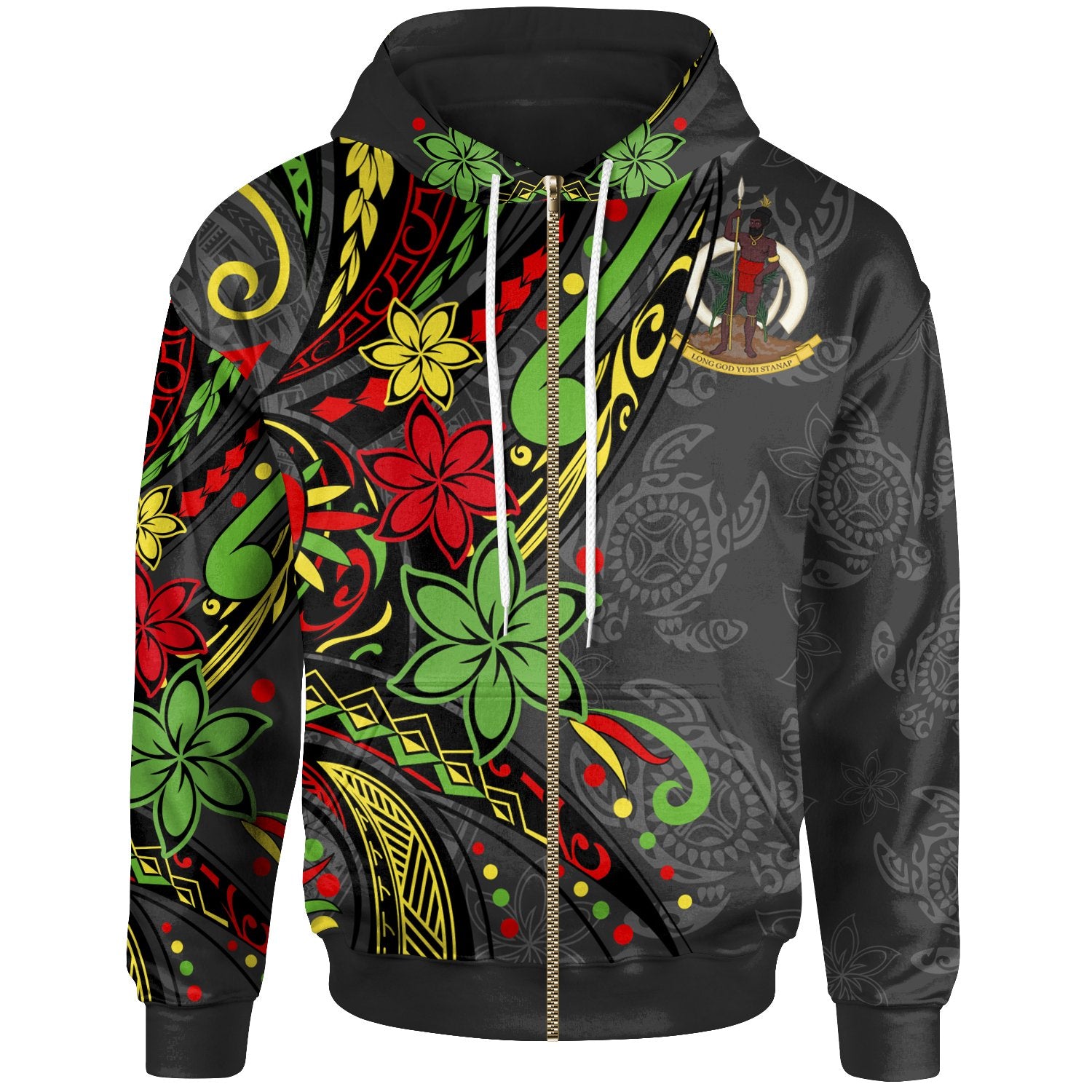 Vanuatu Zip up Hoodie Tribal Flower With Special Turtles Unisex Black - Polynesian Pride