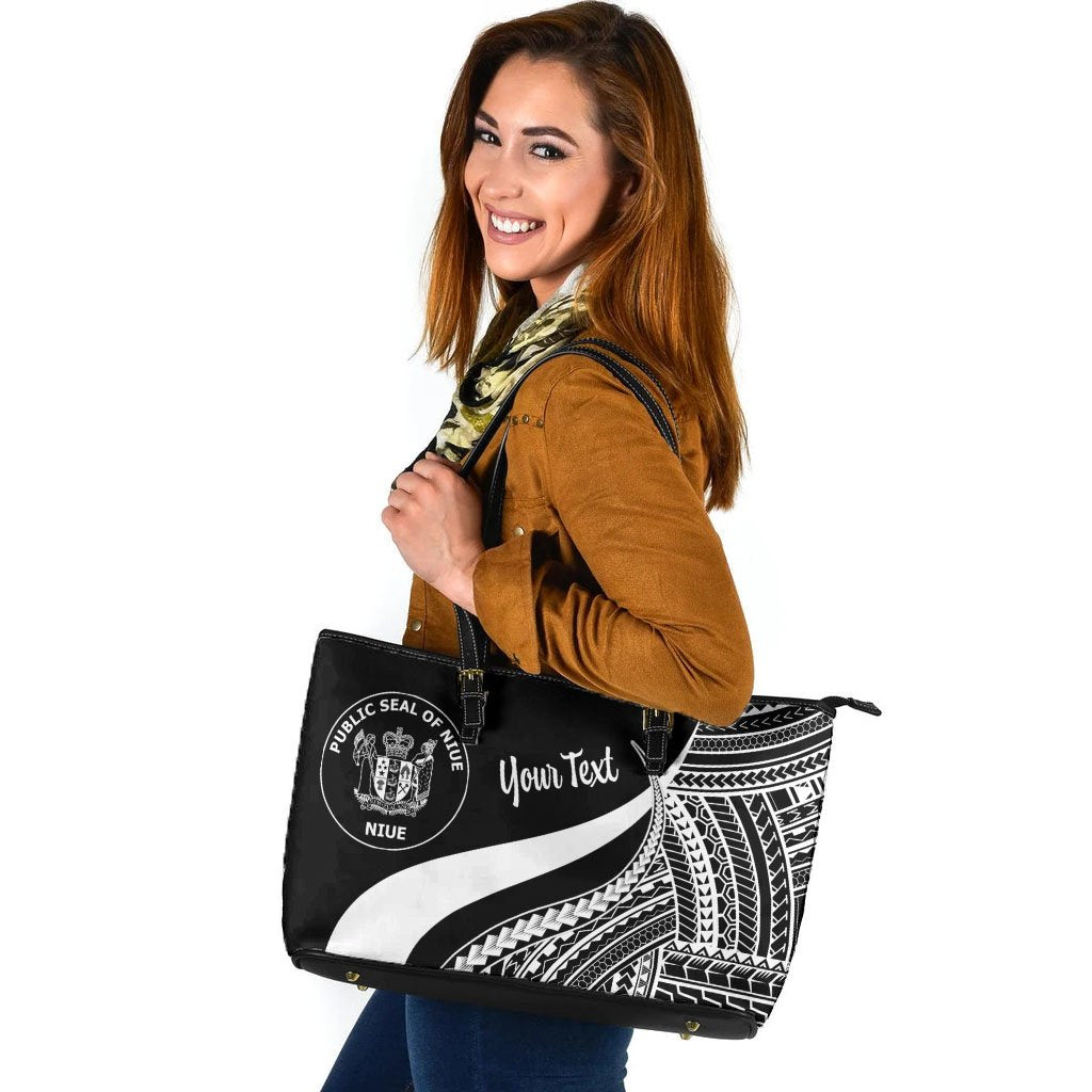 Niue Custom Personalised Large Leather Tote Bag - White Polynesian Tentacle Tribal Pattern White - Polynesian Pride