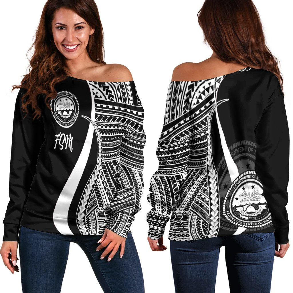 Federated States of Micronesia Women's Off Shoulder Sweater - White Polynesian Tentacle Tribal Pattern White - Polynesian Pride