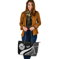 Tahiti Large Leather Tote Bag - White Polynesian Tentacle Tribal Pattern - Polynesian Pride