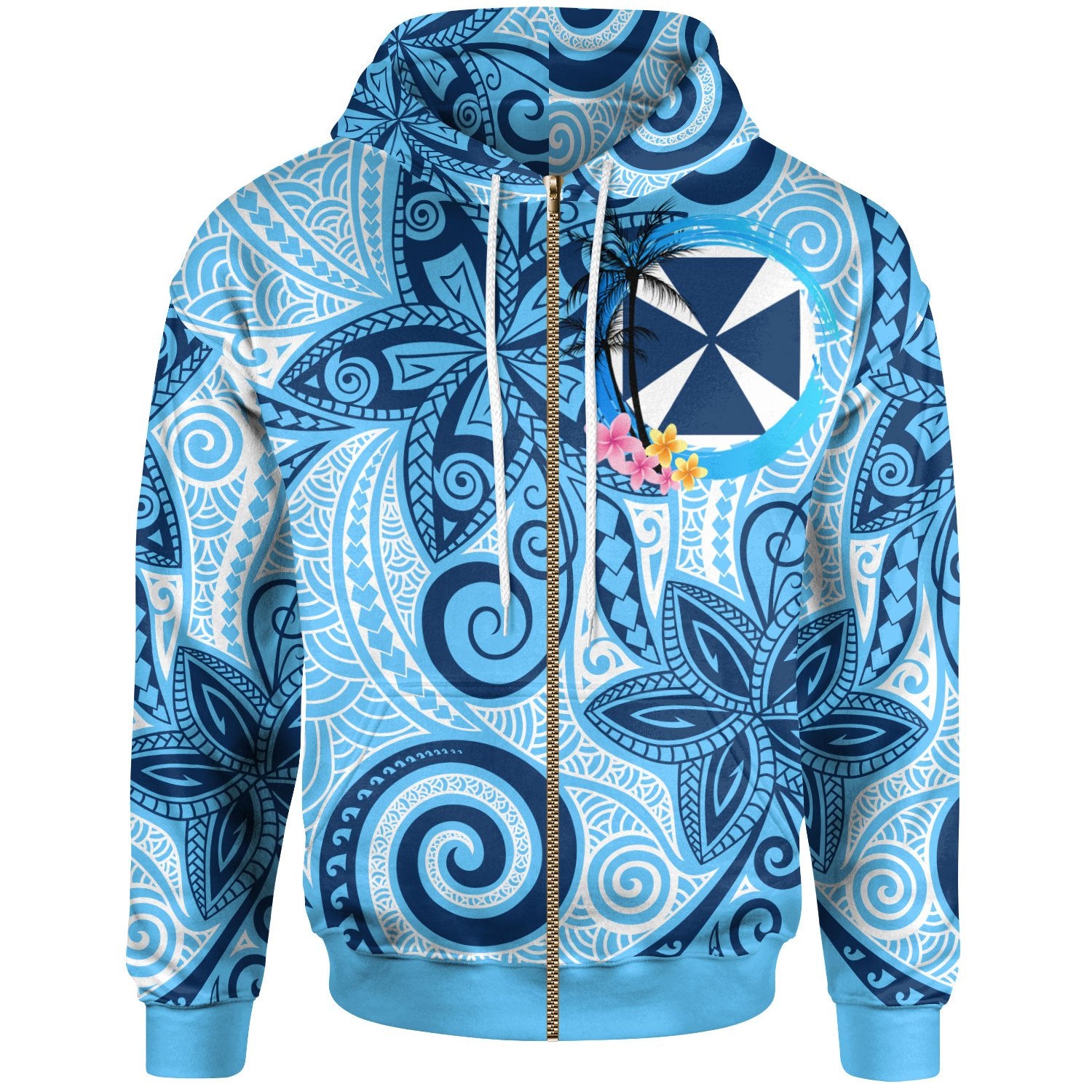 Wallis & Futuna Zip Hoodie Tribal Plumeria Pattern Blue - Polynesian Pride