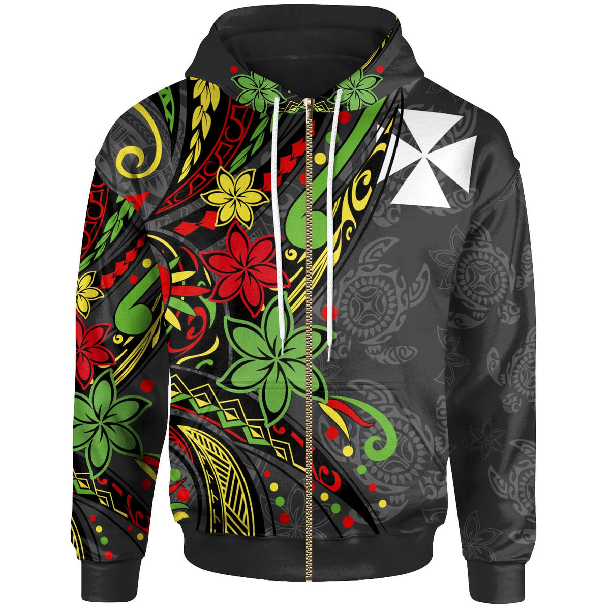 Wallis & Futuna Zip Hoodie Tribal Flower With Special Turtles Unisex Black - Polynesian Pride