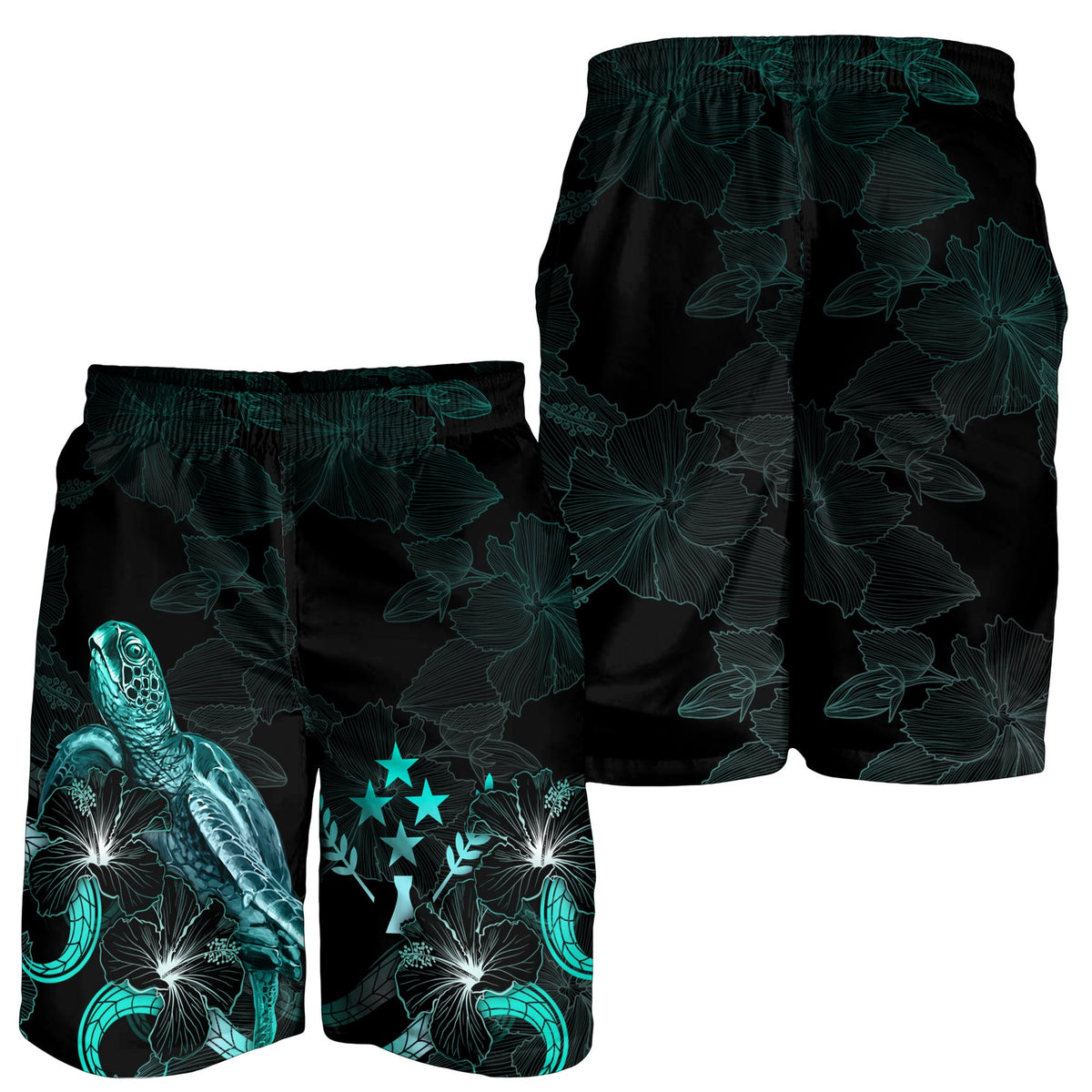 Kosrae Polynesian Men's Shorts - Turtle With Blooming Hibiscus Turquoise - Polynesian Pride