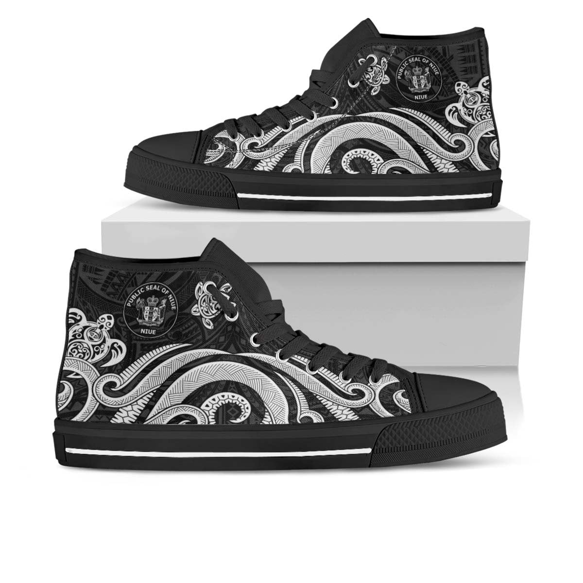 Niue High Top Shoes - White Tentacle Turtle Unisex Black - Polynesian Pride