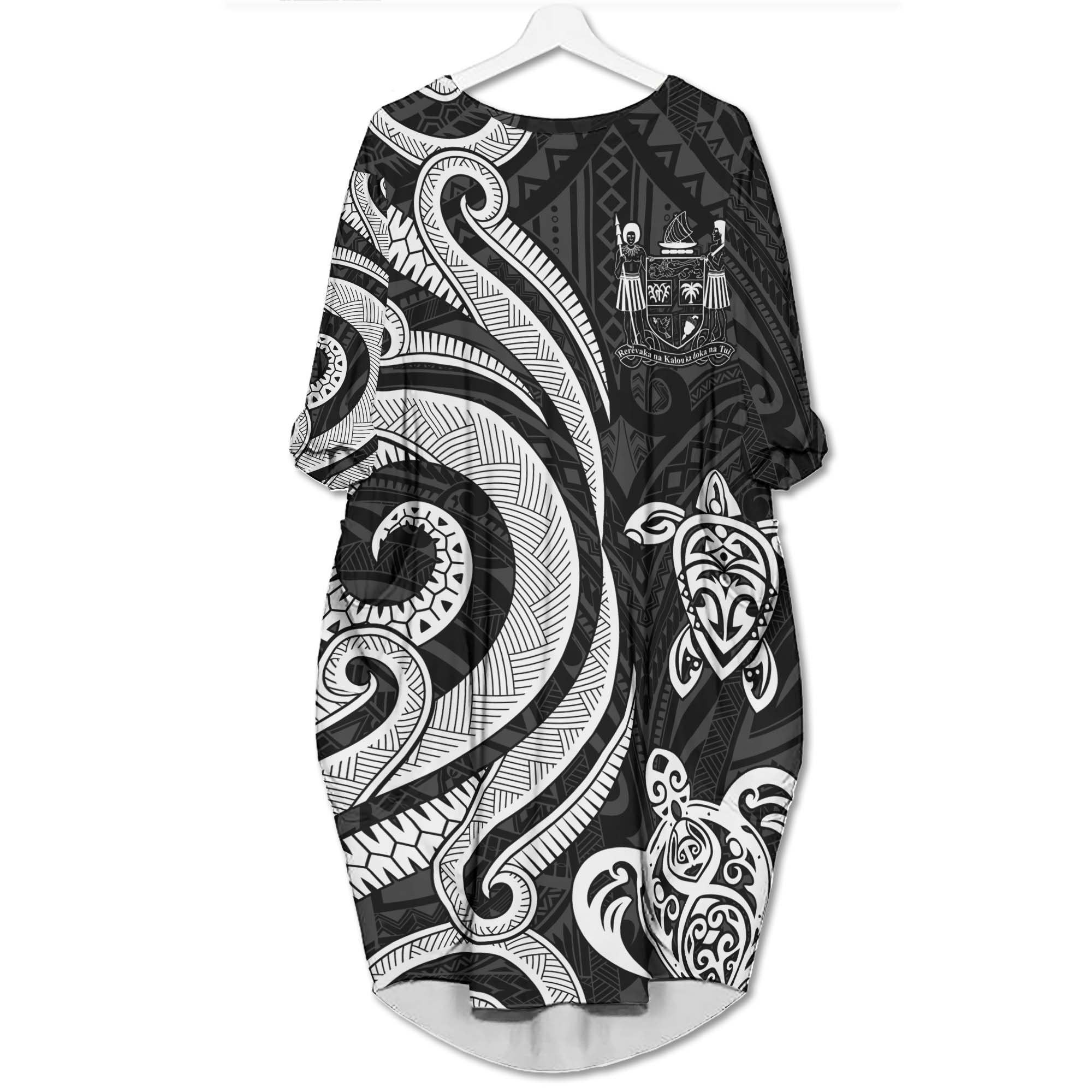 Fiji Batwing Pocket Dress - White Tentacle Turtle Crest Women White - Polynesian Pride