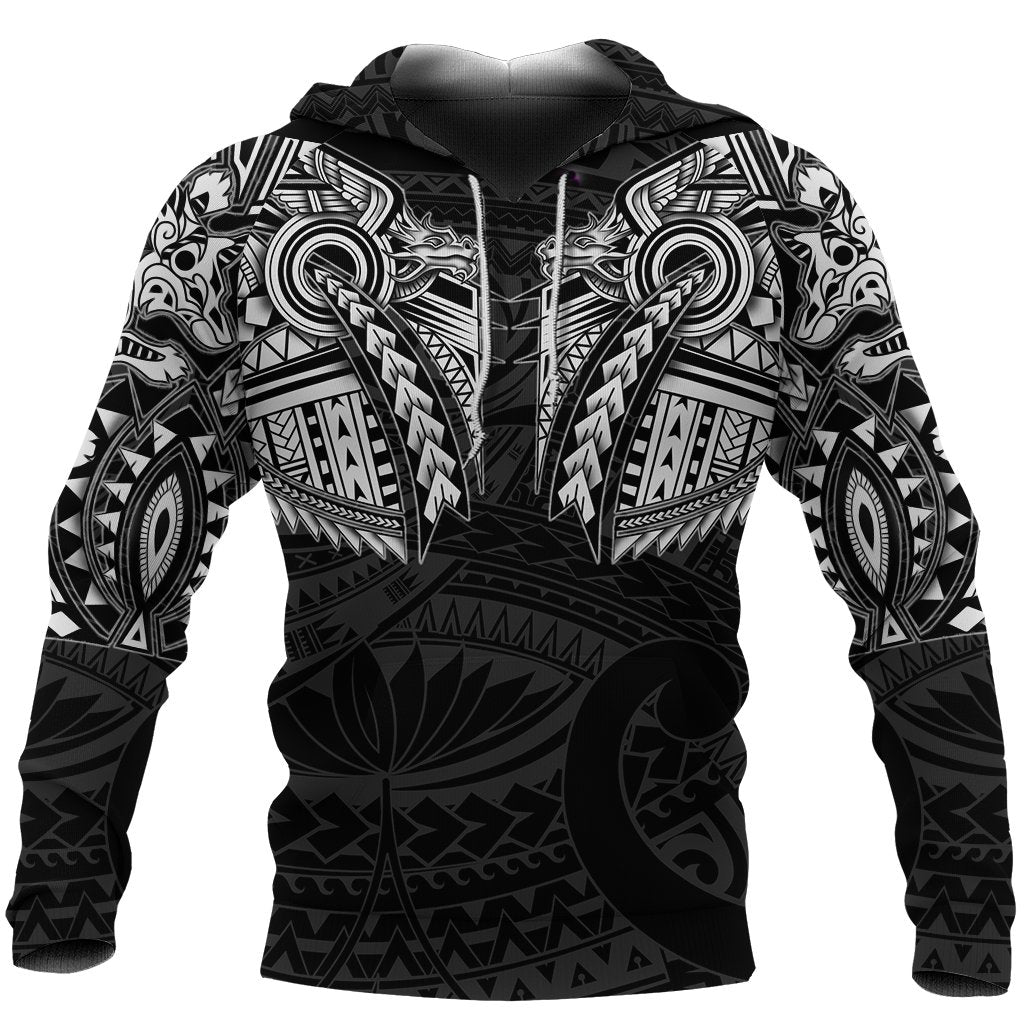 New Zealand Hoodie, Maori Tattoo Wolf Dragon Pullover Hoodie White Unisex Black - Polynesian Pride