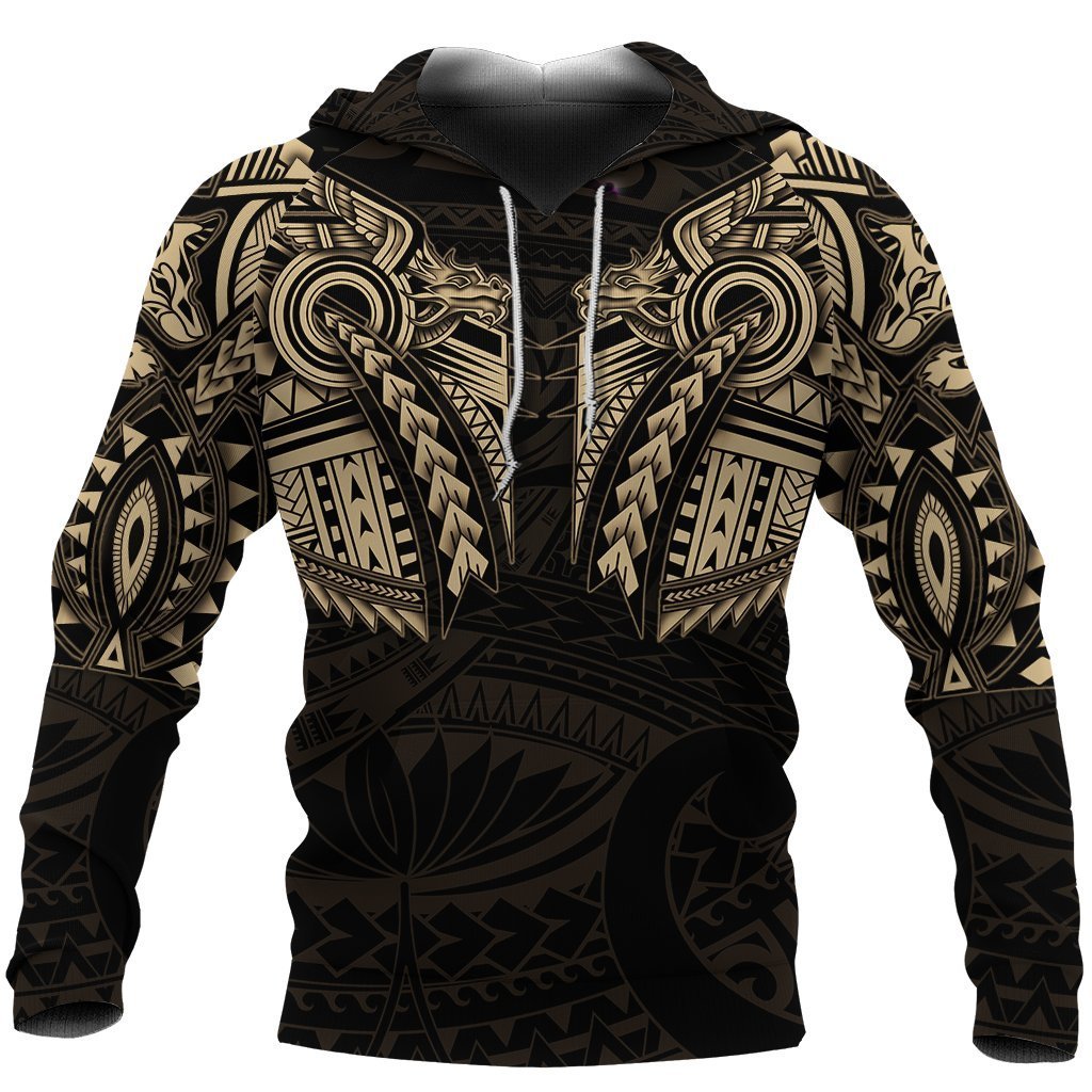 New Zealand Hoodie, Maori Tattoo Wolf Dragon Pullover Hoodie Gold Unisex Black - Polynesian Pride