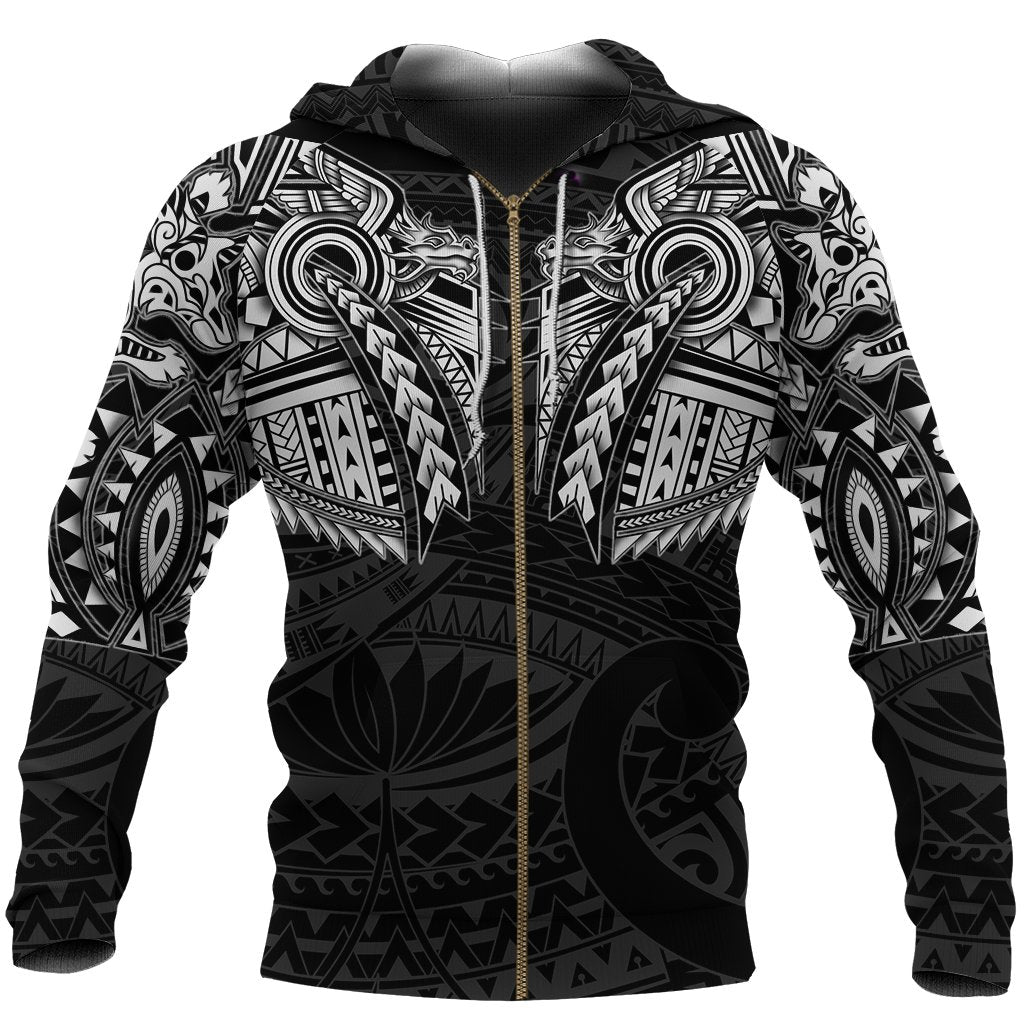 New Zealand Zip up Hoodie, Maori Tattoo Wolf Dragon Zipper Hoodie White Unisex Black - Polynesian Pride