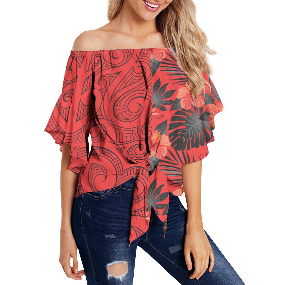 Hawaii Hibiscus Polynesian Women's Off Shoulder Wrap Waist Top - Melio Style - AH Women Orange - Polynesian Pride