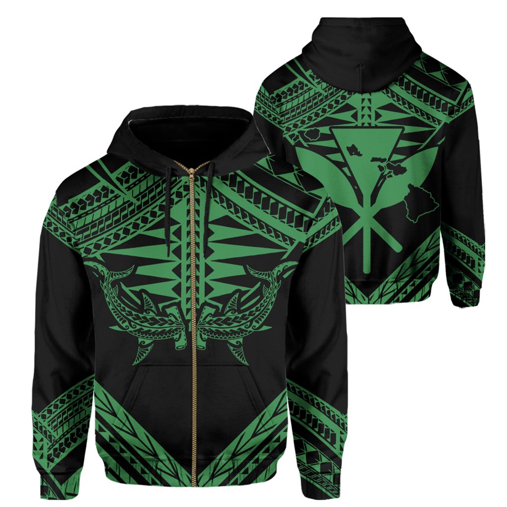 Hawaii Shark Polynesian Kanaka Green Hoodie (Zip up) Candy Style Unisex Black - Polynesian Pride