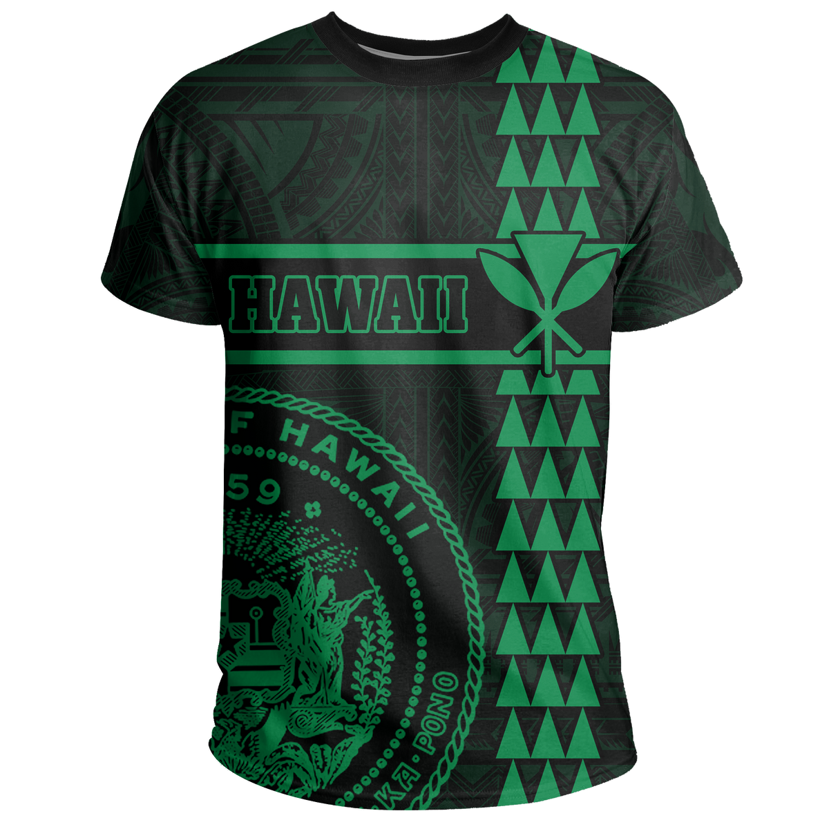 Hawaii Coat of Arms Kanaka Polynesian T Shirt Green - Polynesian Pride