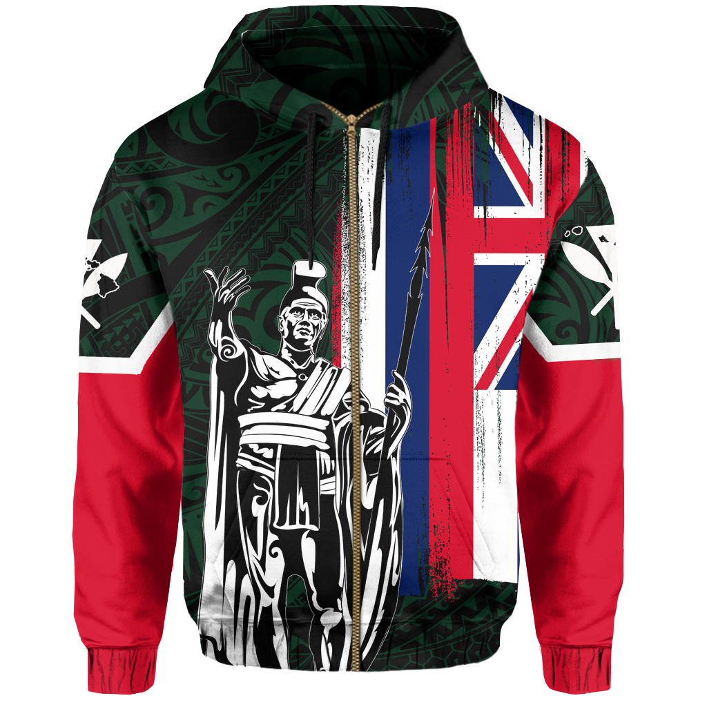 Hawaii King Flag Polynesian Hoodie (Zip up) Green - Polynesian Pride