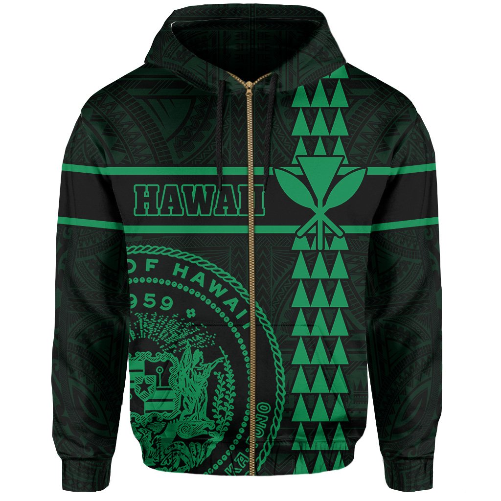 Polynesian Kakau Kanaka Seal of Hawaii Zip Hoodie Green - Polynesian Pride