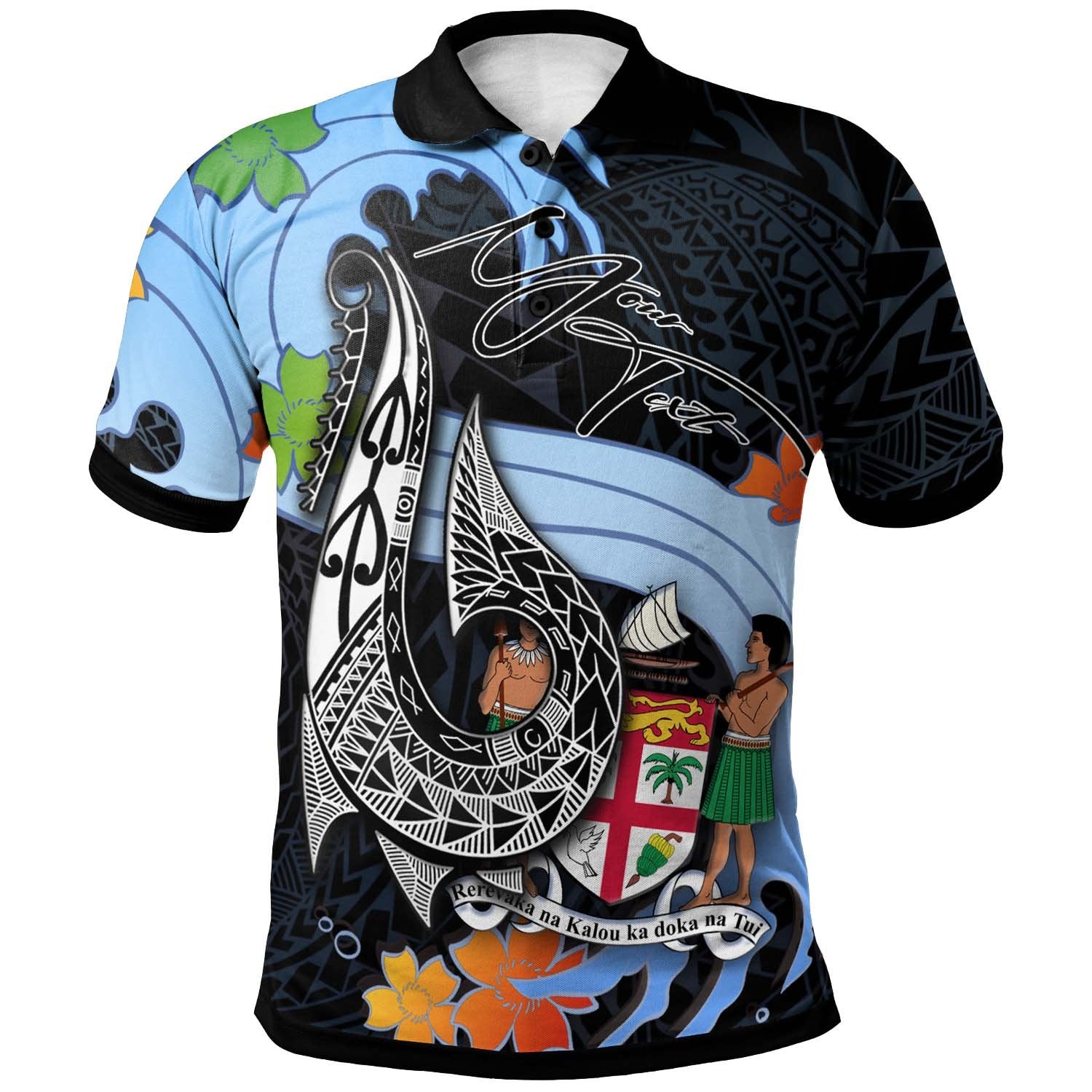 Fiji Custom Polo Shirt Fish Hooks and Wave Unisex Black - Polynesian Pride