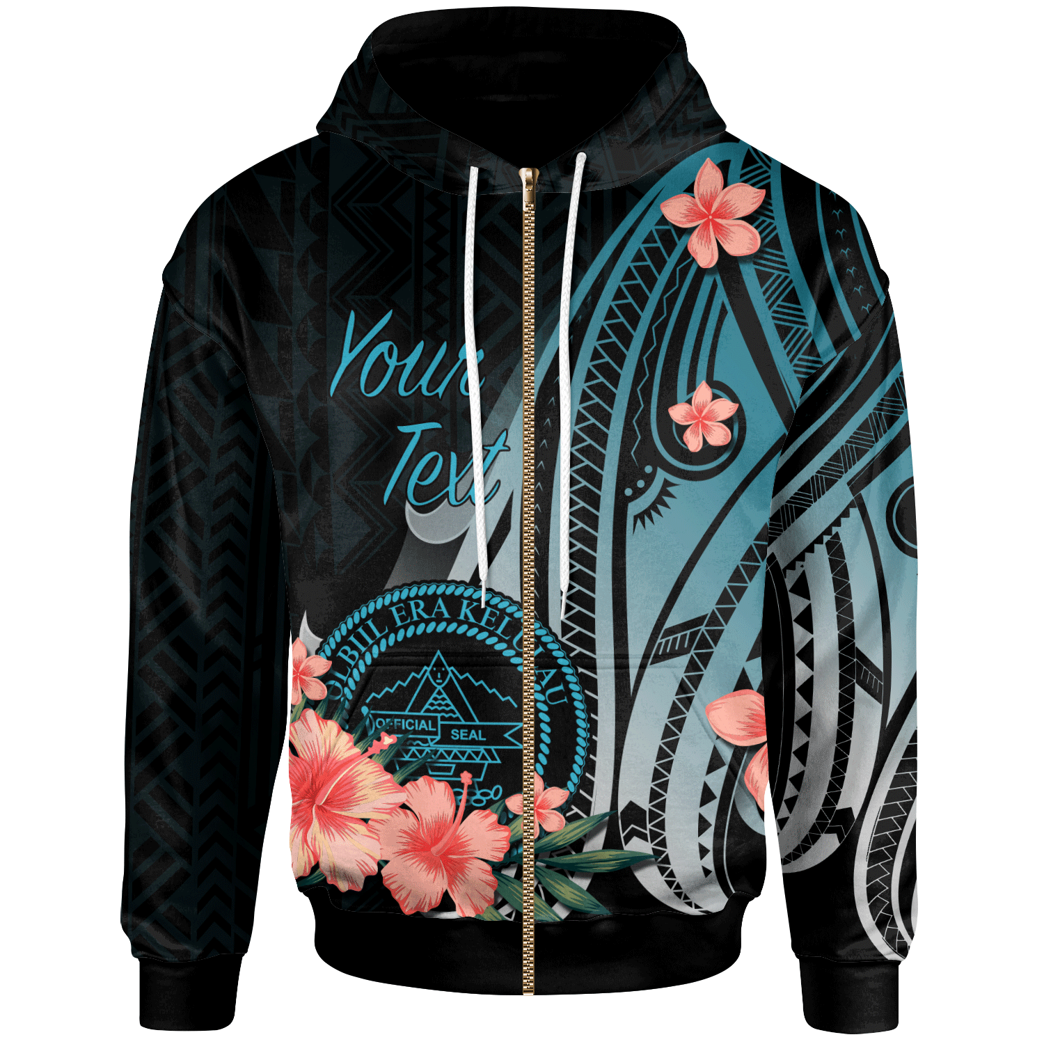 Palau Custom Zip Hoodie Turquoise Polynesian Hibiscus Pattern Style Unisex Turquoise - Polynesian Pride