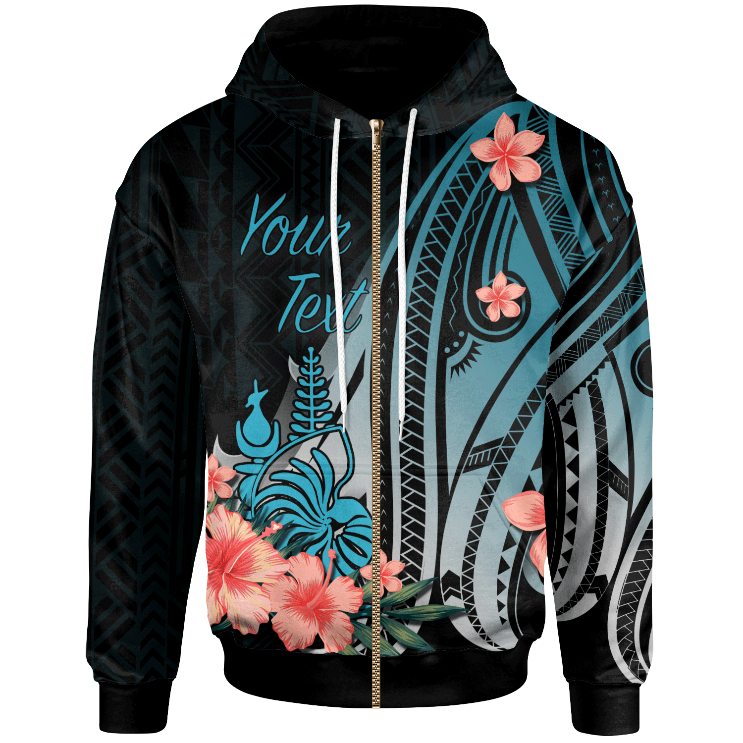 New Caledonia Custom Zip Hoodie Turquoise Polynesian Hibiscus Pattern Style Unisex Turquoise - Polynesian Pride