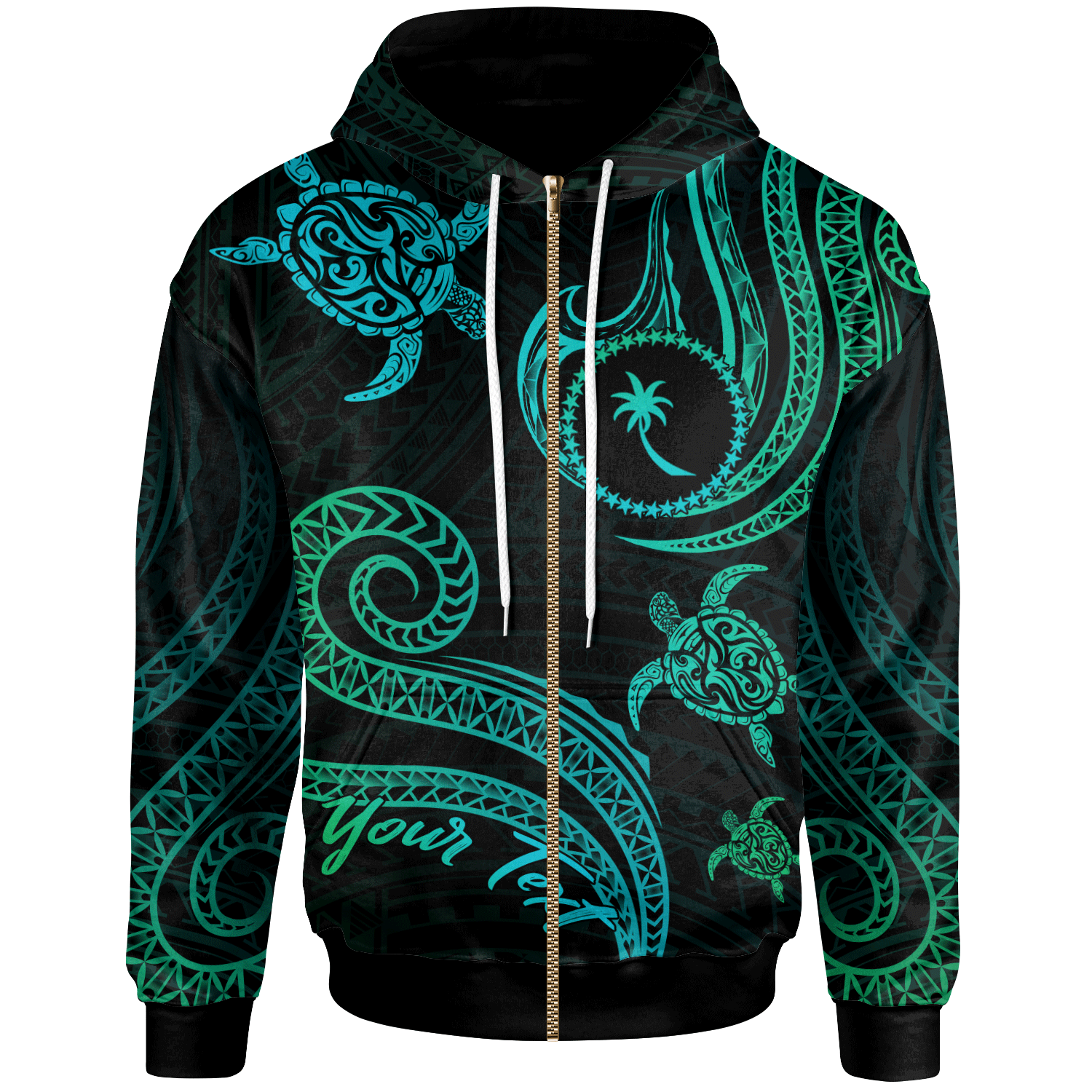 Chuuk Custom Zip Hoodie Polynesian Turtle With Pattern Unisex Blue Green - Polynesian Pride