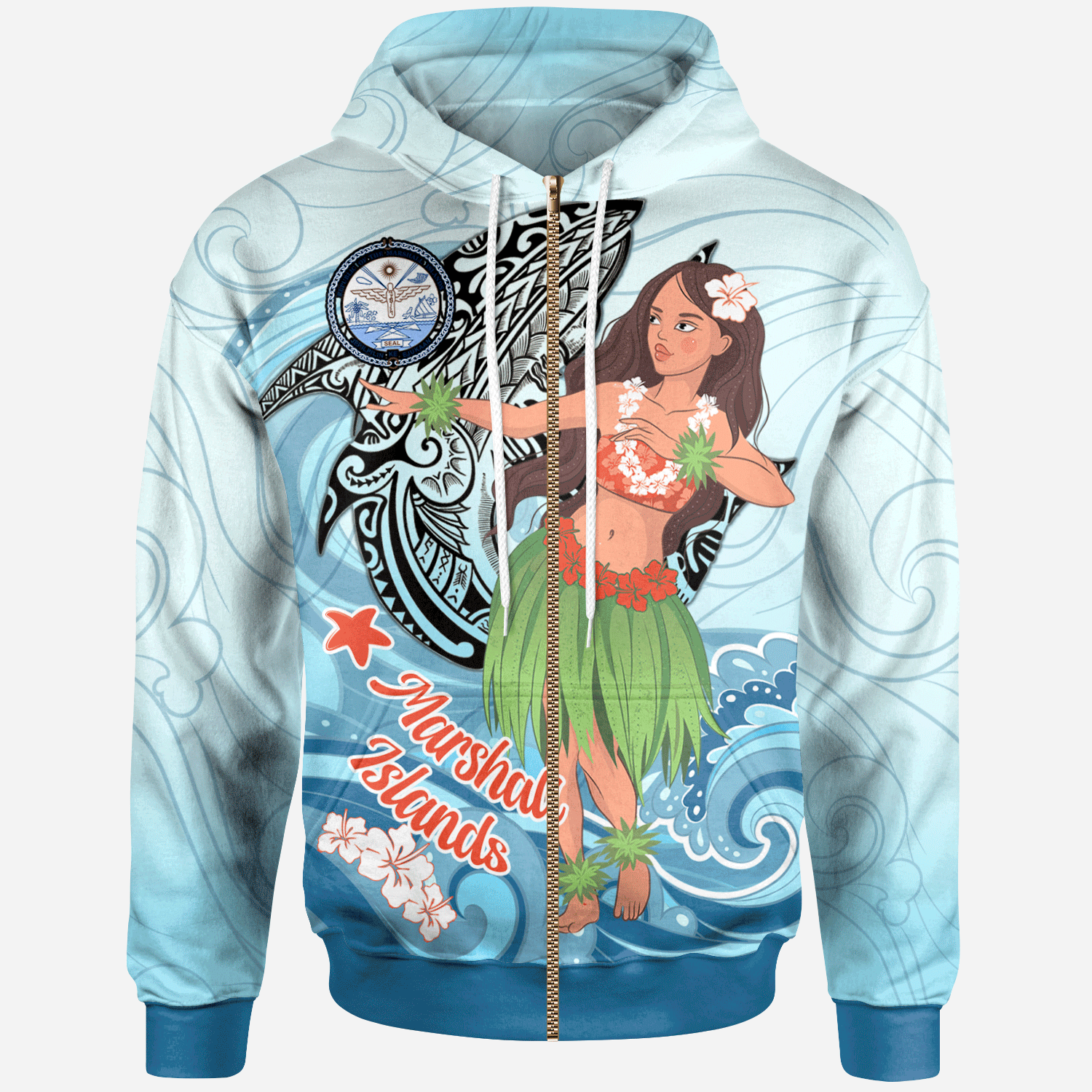 Marshall Islands Zip Hoodie Polynesian Girls With Shark Unisex Blue - Polynesian Pride
