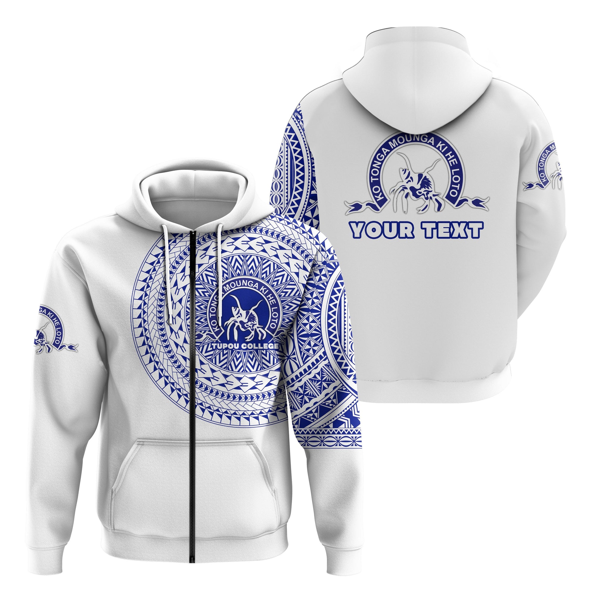 Custom Kolisi Ko Tupou College Tonga Zip Hoodie Tattoo Style Unisex White - Polynesian Pride