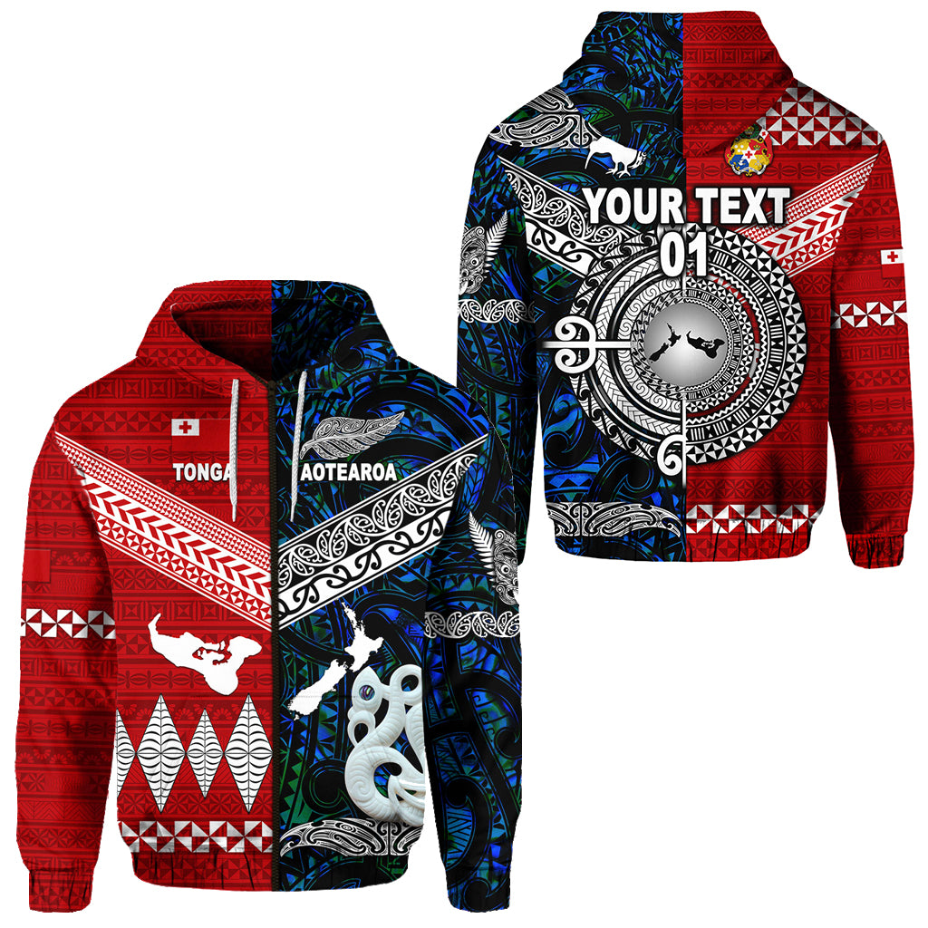 Custom New Zealand Tonga Zip Hoodie Maori and Polynesian Together Blue, Custom Text and Number LT8 Unisex Red - Polynesian Pride