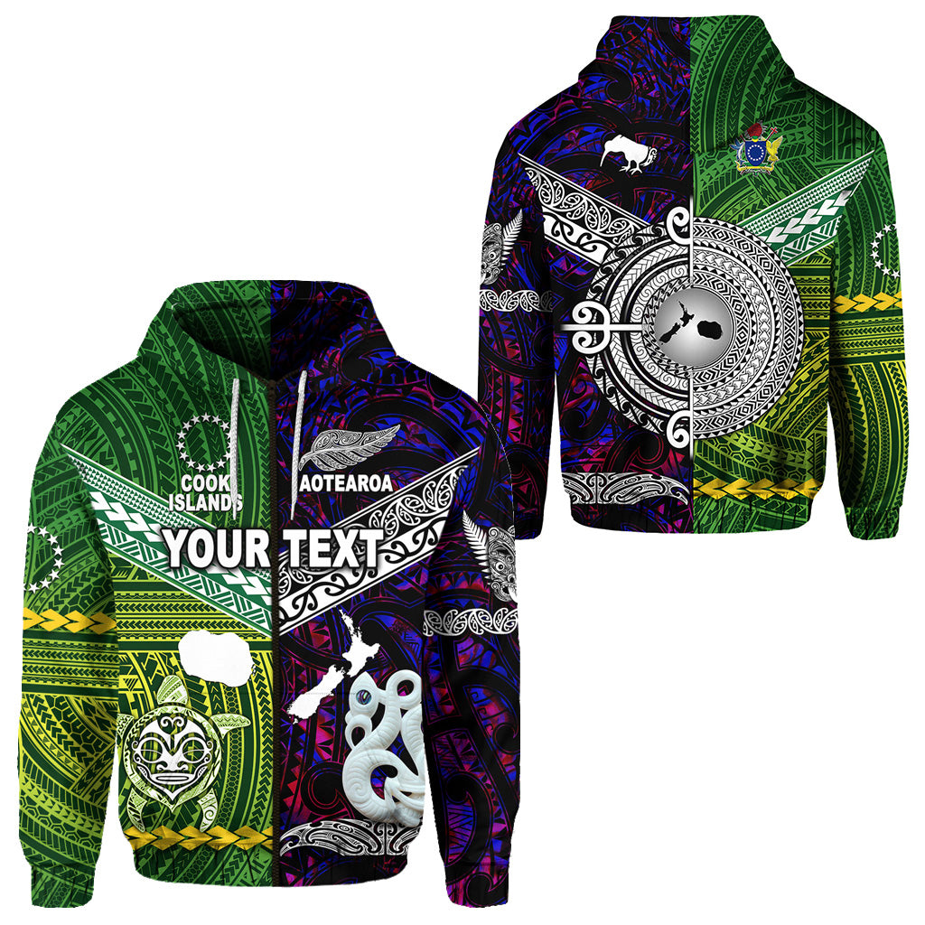 Custom New Zealand Cook Islands Zip Hoodie Maori and Polynesian Together Purple LT8 Unisex Green - Polynesian Pride