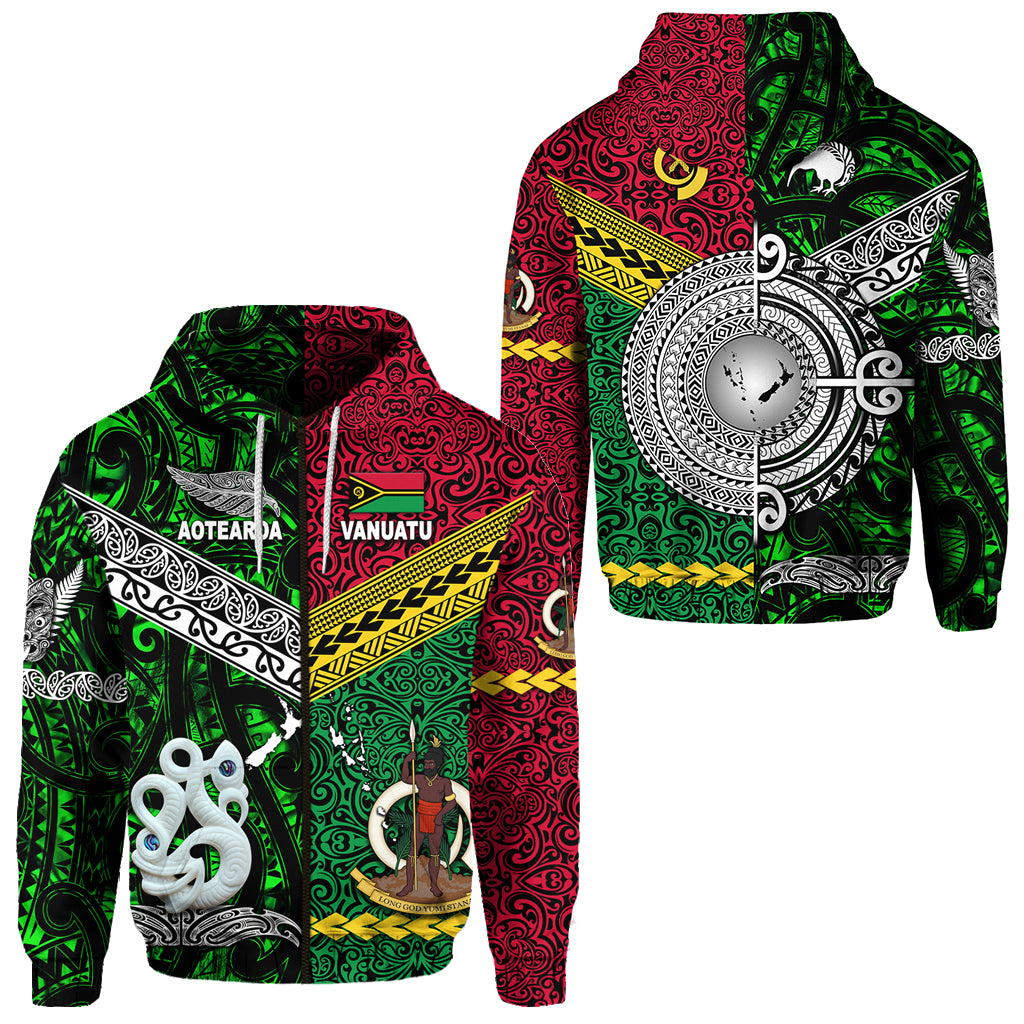 Vanuatu New Zealand Zip Hoodie Together Green LT8 Unisex Red - Polynesian Pride