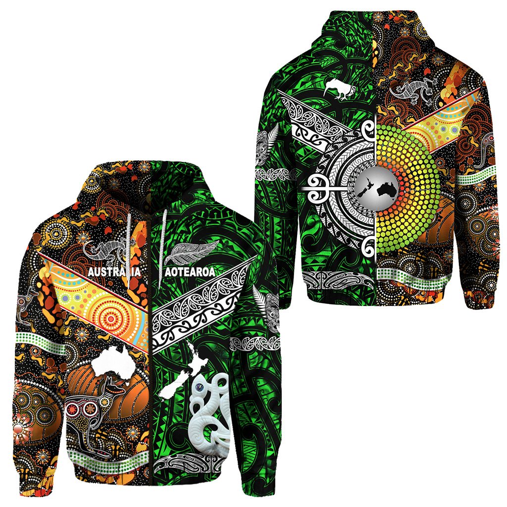 New Zealand Australia Zip Hoodie for Kid Maori and Aboriginal Together Green LT8 Unisex Black - Polynesian Pride