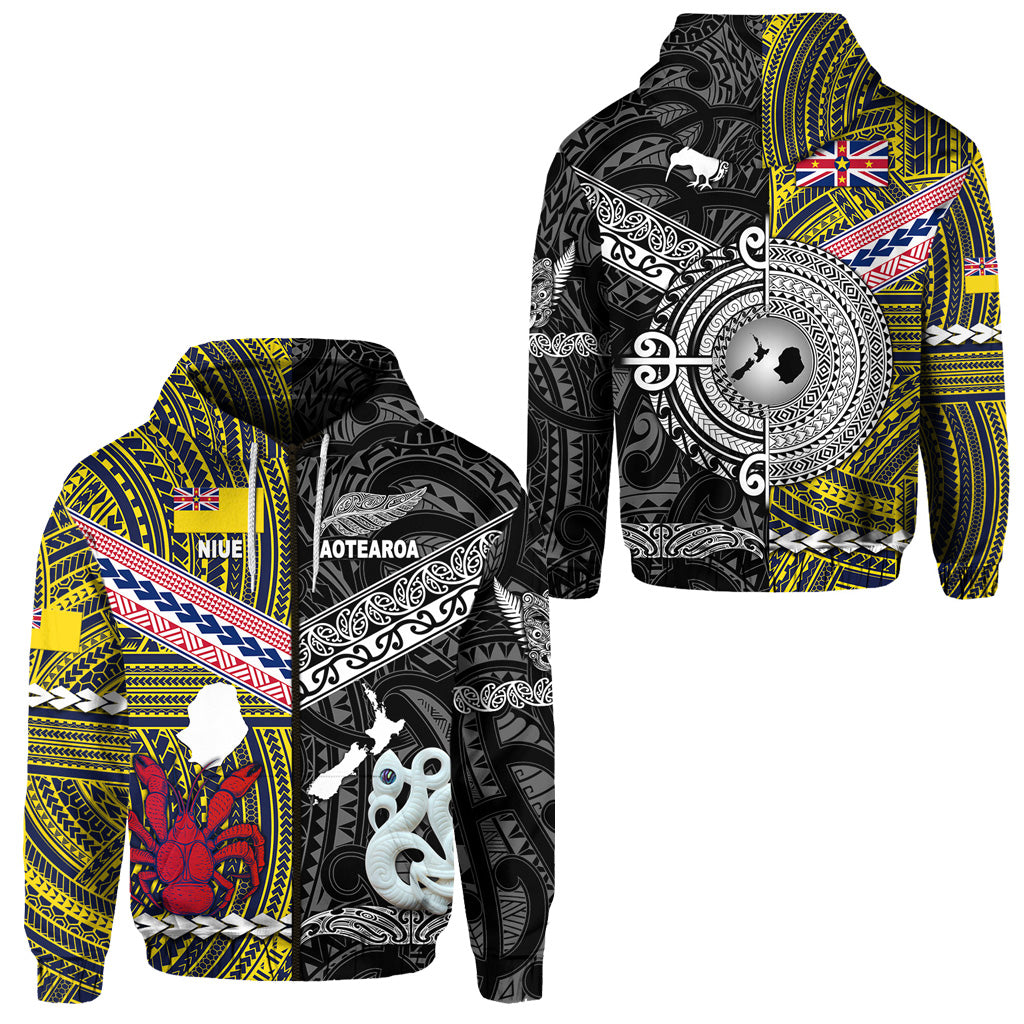 Custom New Zealand Niue Zip Hoodie Maori and Polynesian Together Black, Custom Text and Number LT8 Unisex Yellow - Polynesian Pride