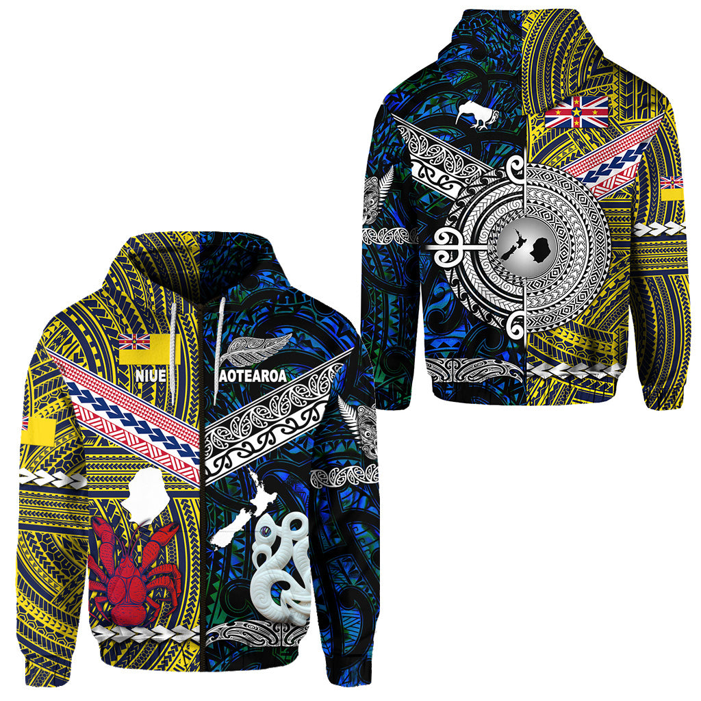 New Zealand Niue Zip Hoodie Maori and Polynesian Together Blue LT8 Yellow - Polynesian Pride