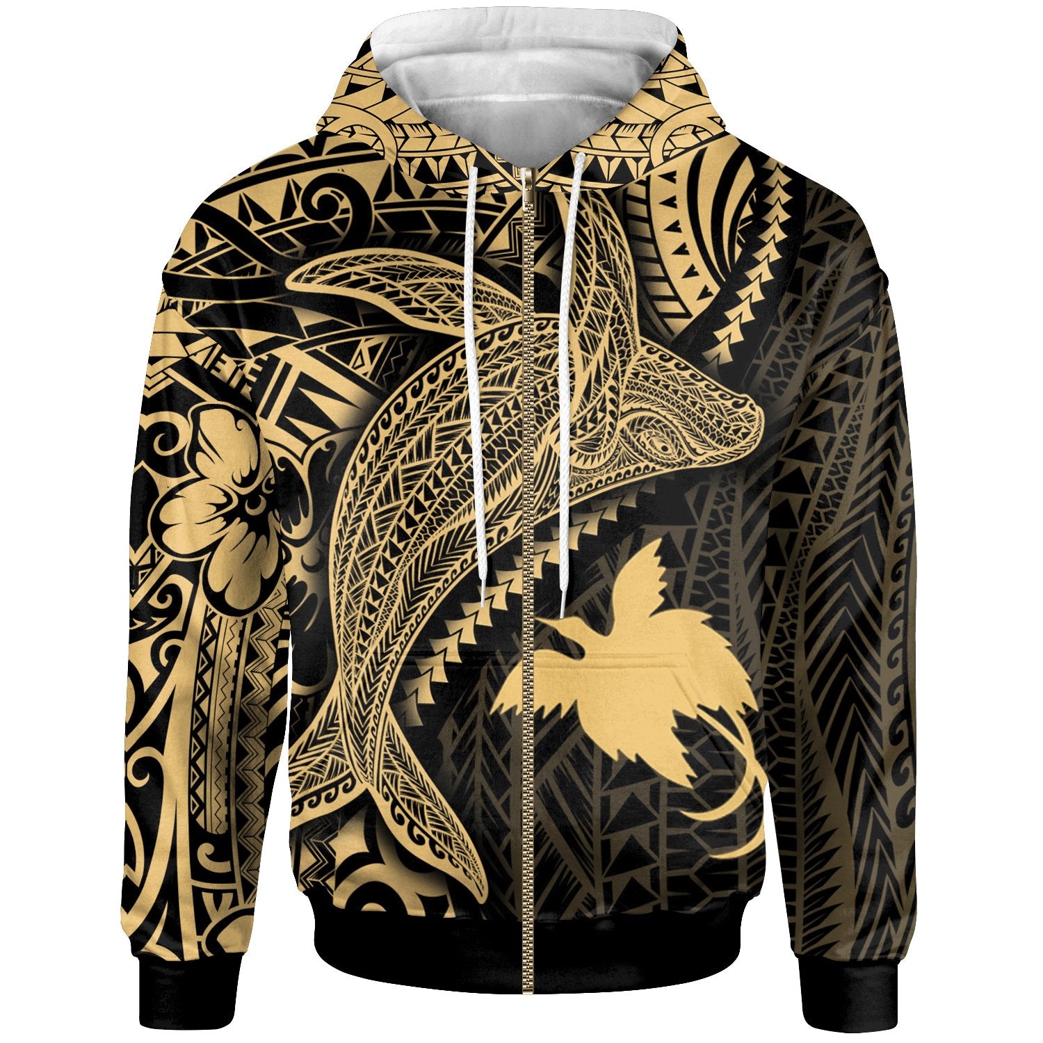 Papua New Guinea Zip up Hoodie Humpback Whale & Coat of Arms Gold Unisex Gold - Polynesian Pride