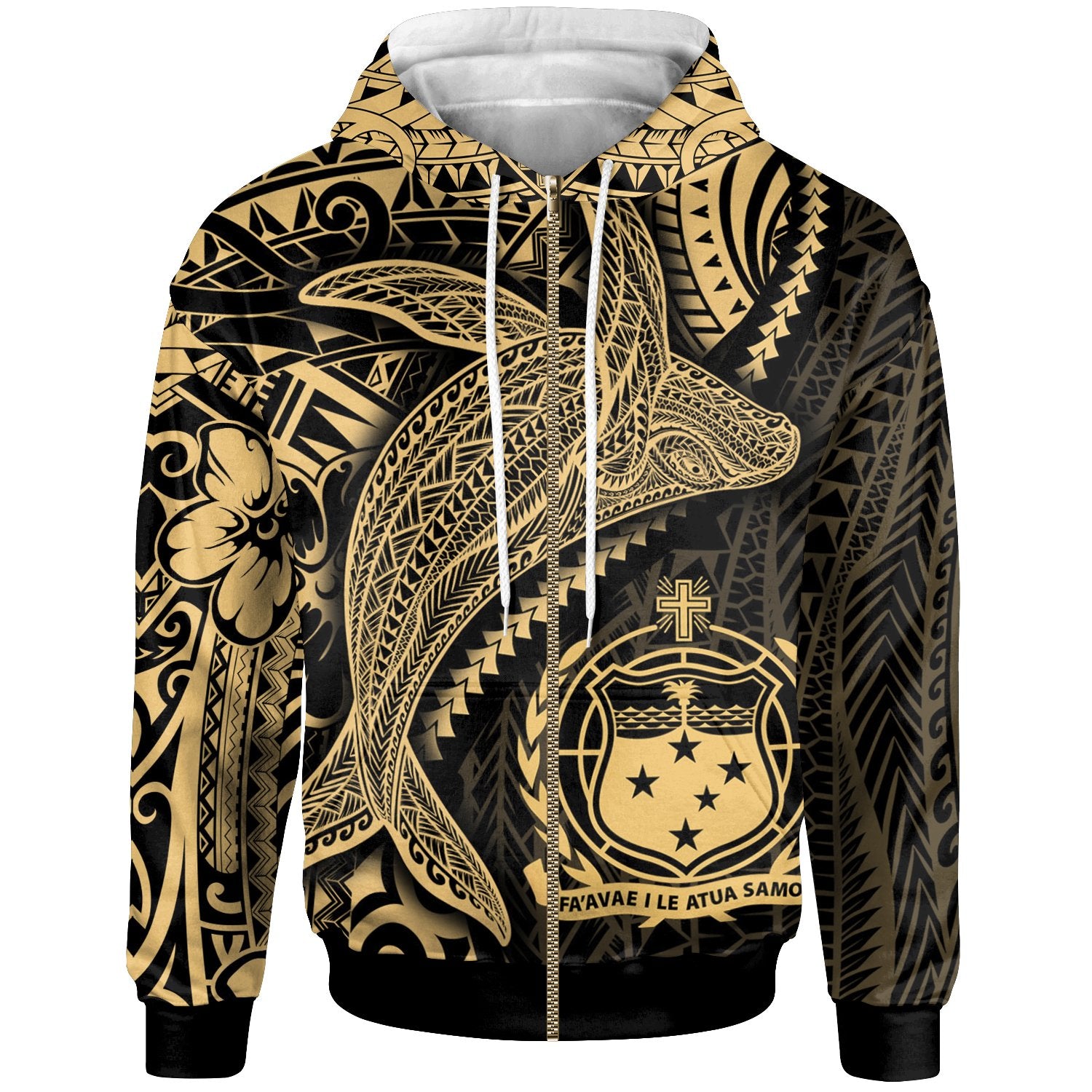 Samoa Zip up Hoodie Humpback Whale & Coat of Arms Gold Unisex Gold - Polynesian Pride