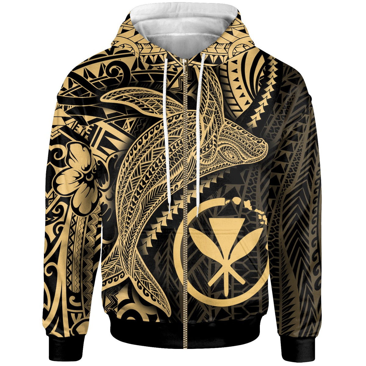 Hawaii Kanaka Maoli Map Zip up Hoodie Humpback Whale & Coat of Arms Gold Unisex Gold - Polynesian Pride