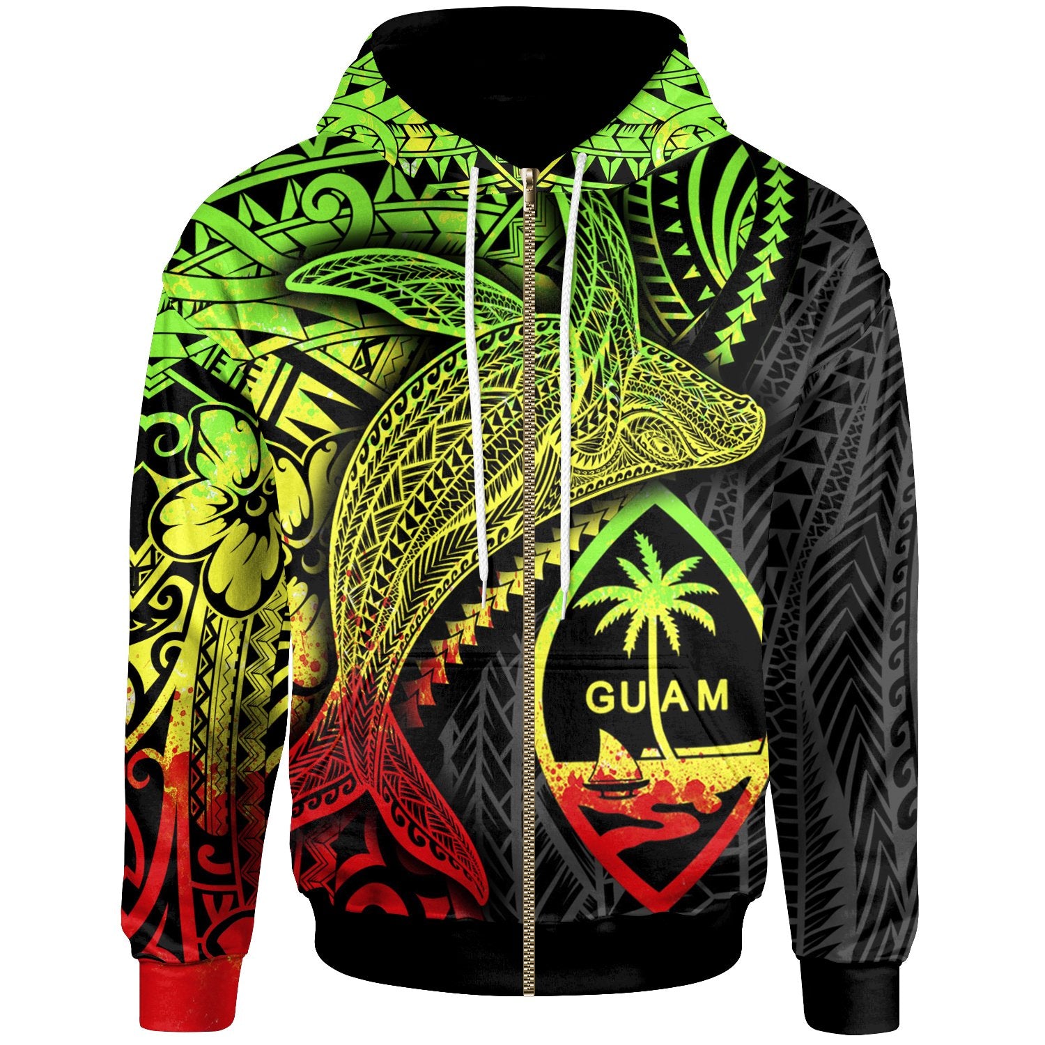 Guam Zip up Hoodie Humpback Whale & Coat of Arms Reggae Unisex Reggae - Polynesian Pride