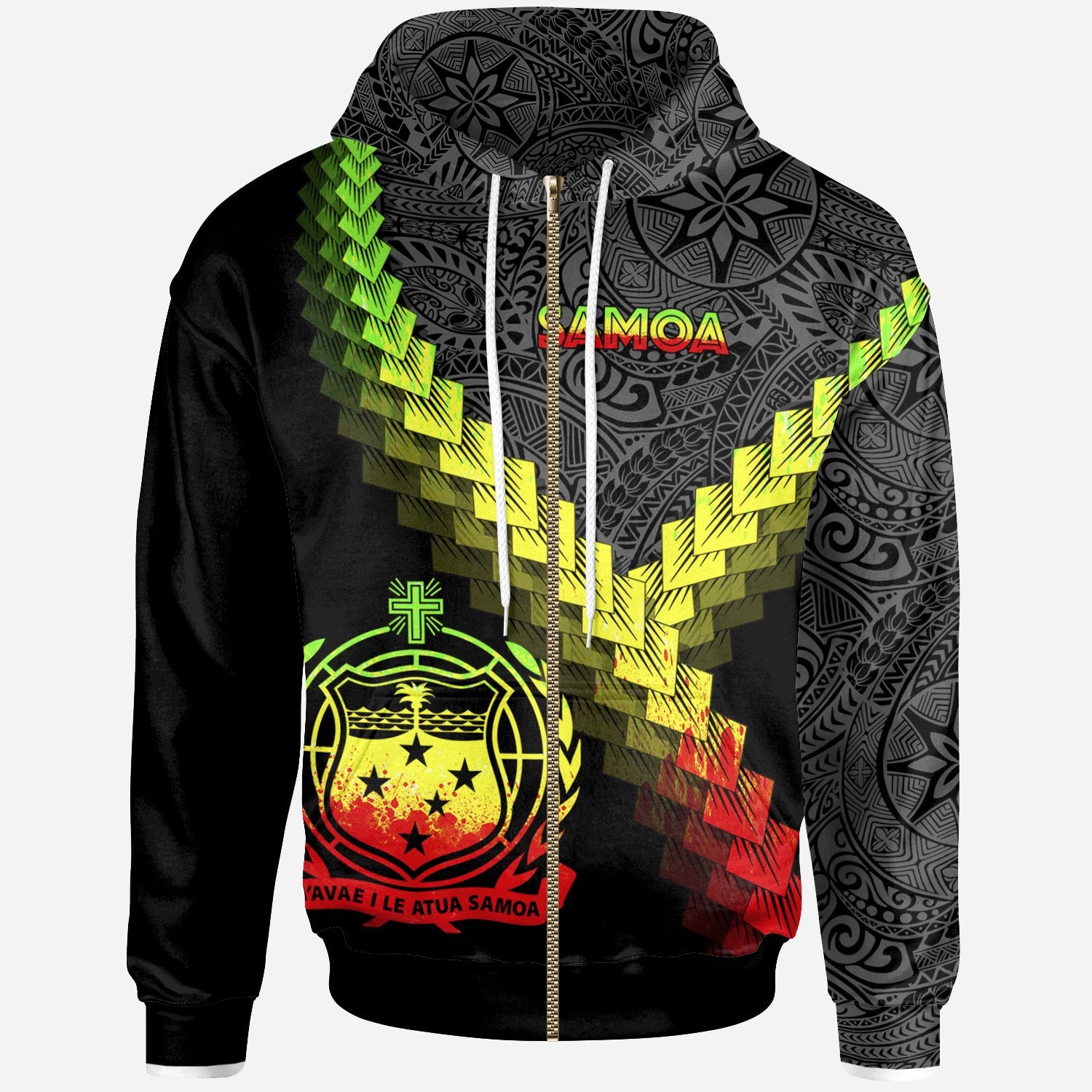 Samoa Zip up Hoodie Samoa Coat of Arms With Polynesian Tattoo Reggae Unisex Reggae - Polynesian Pride