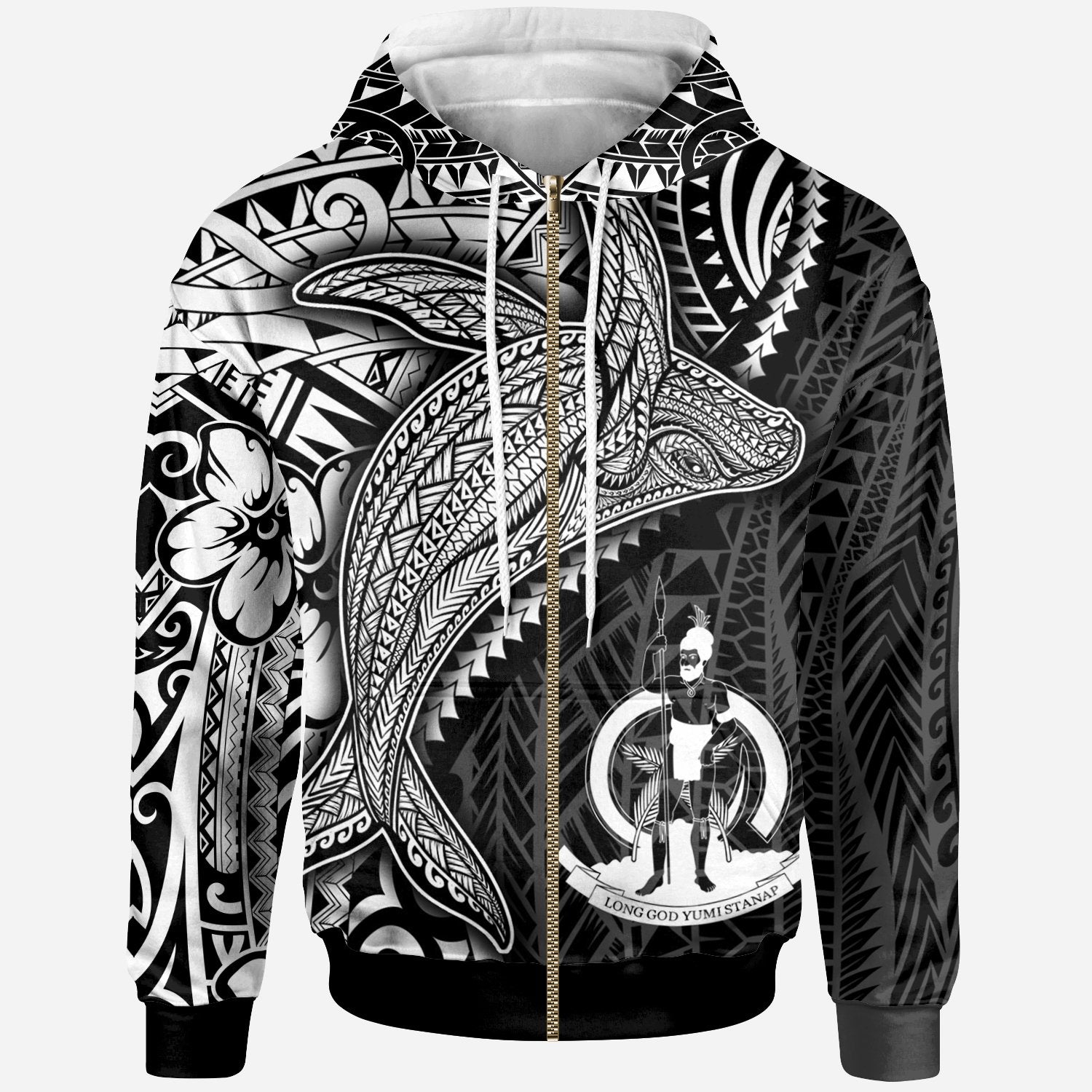 Vanuatu Zip up Hoodie Humpback Whale & Coat of Arms White Unisex White - Polynesian Pride