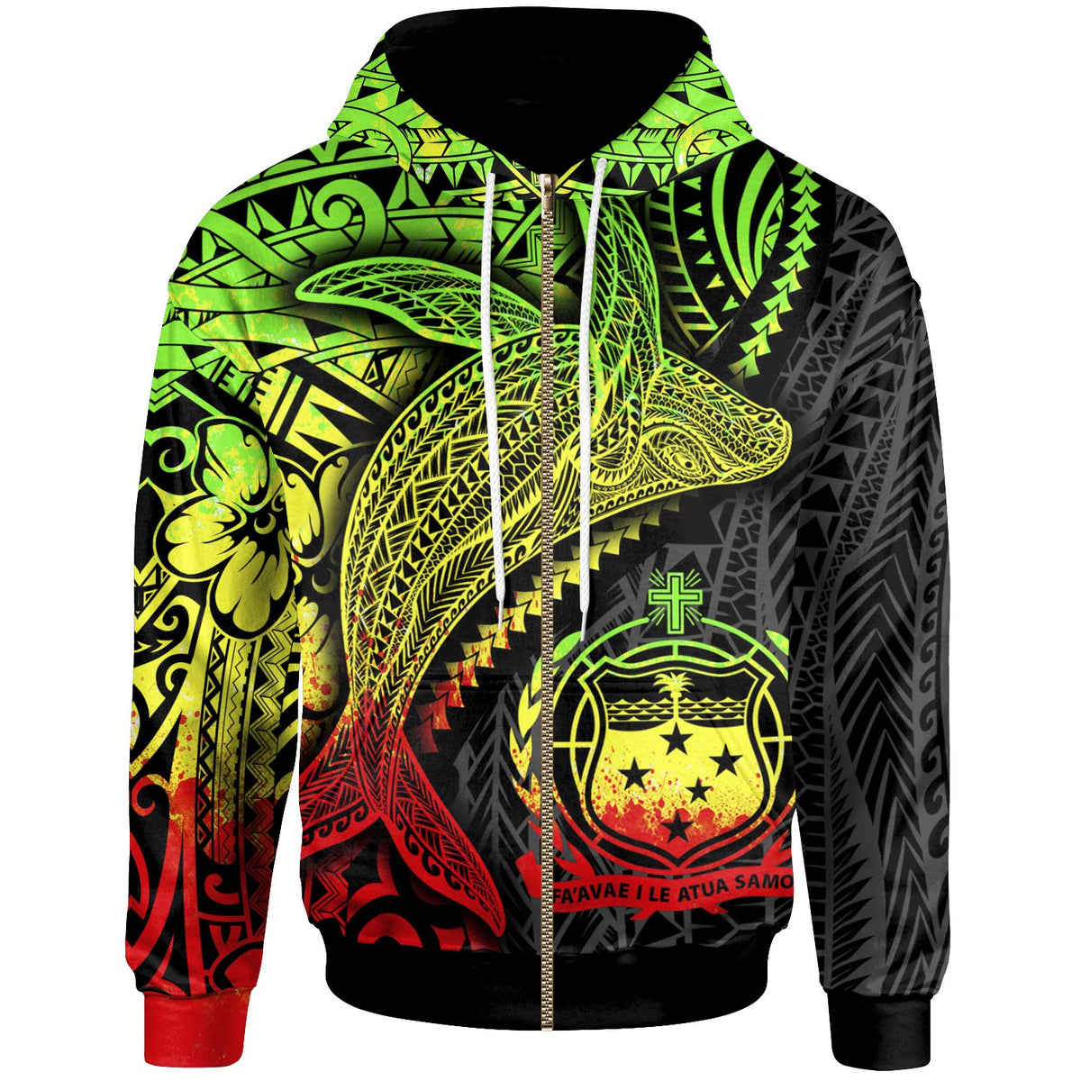 Samoa Zip up Hoodie Humpback Whale & Coat of Arms Reggae Unisex Reggae - Polynesian Pride