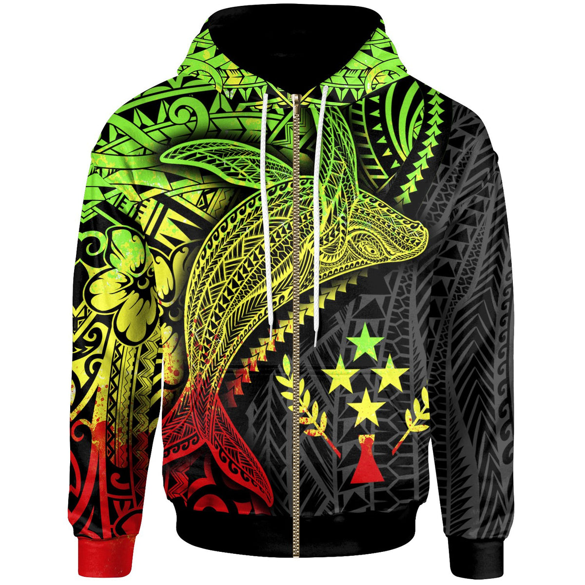 Kosrae Zip up Hoodie Humpback Whale & Coat of Arms Reggae Unisex Reggae - Polynesian Pride