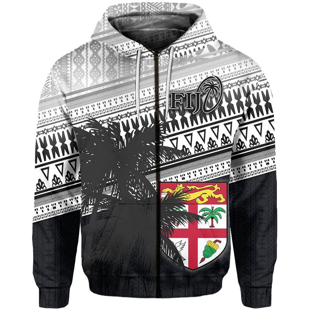 Custom Fiji Rugby Makare and Tapa Patterns Zip Hoodie Black Unisex Black - Polynesian Pride