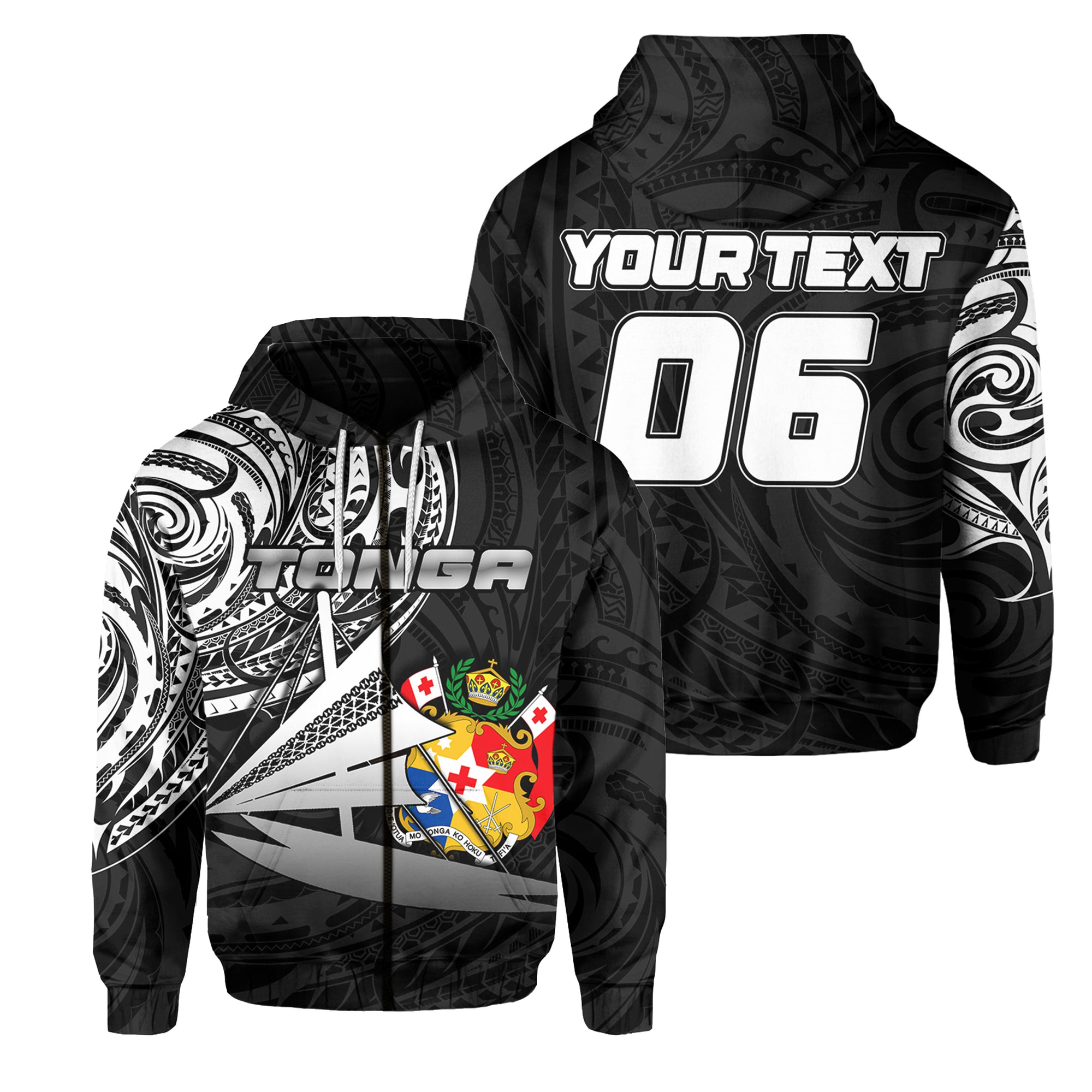 (Custom and Number) Tonga Zip Hoodie Kalia Polynesian NO.2 LT6 Unisex Black - Polynesian Pride