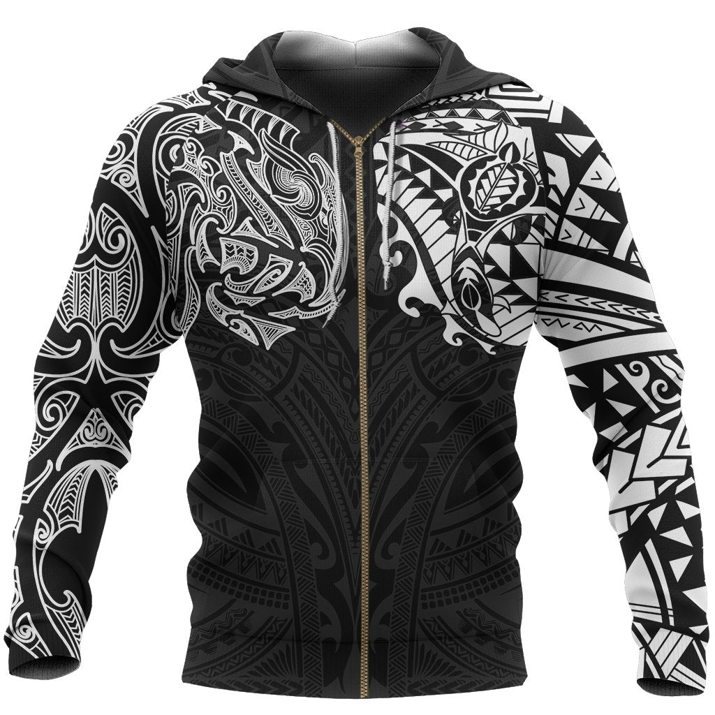 New Zealand Zip Hoodie, Maori Polynesian Tattoo Unisex Black - Polynesian Pride