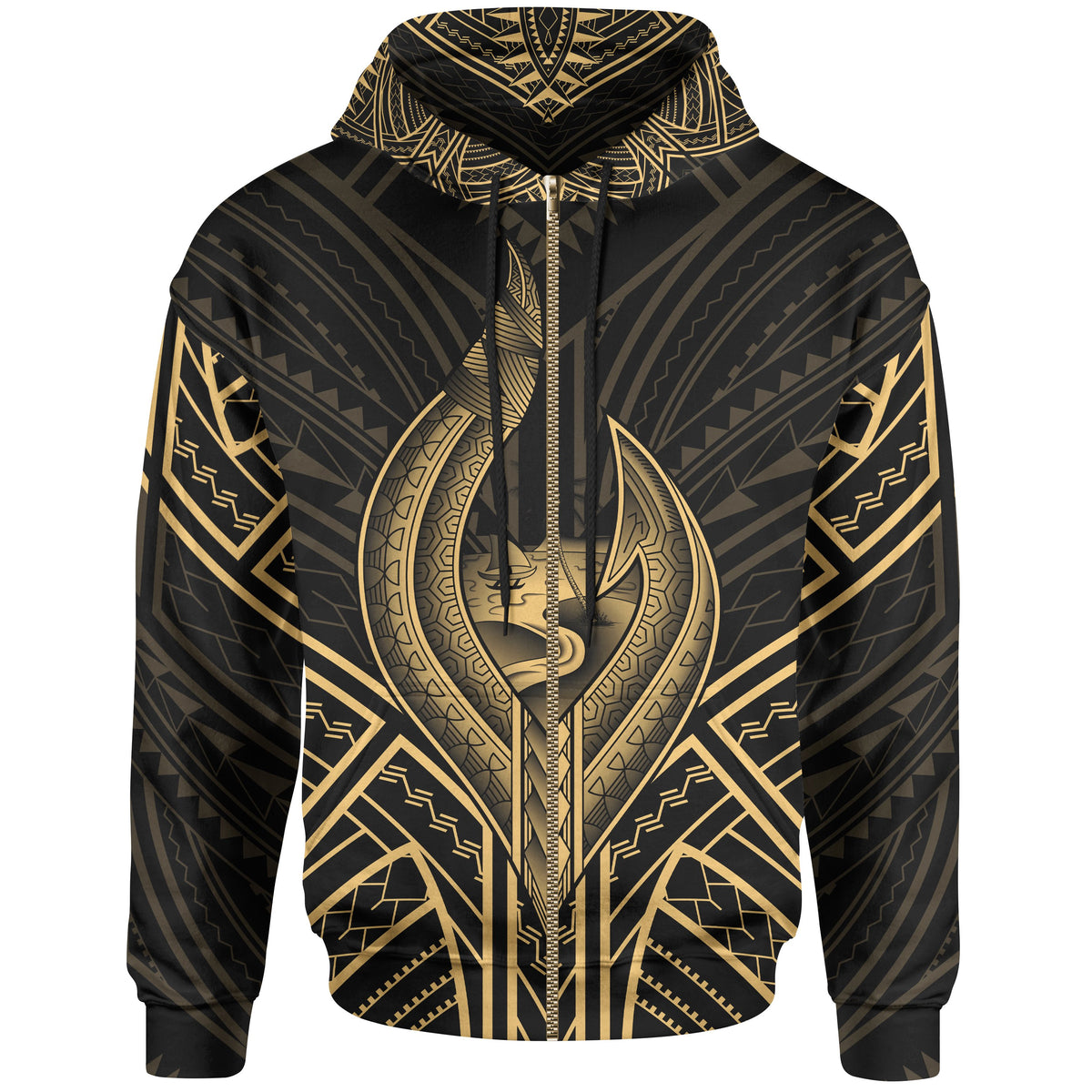 Guam Zip Hoodie Guam Seal Chamorro Tribal Gold Color Unisex Black - Polynesian Pride
