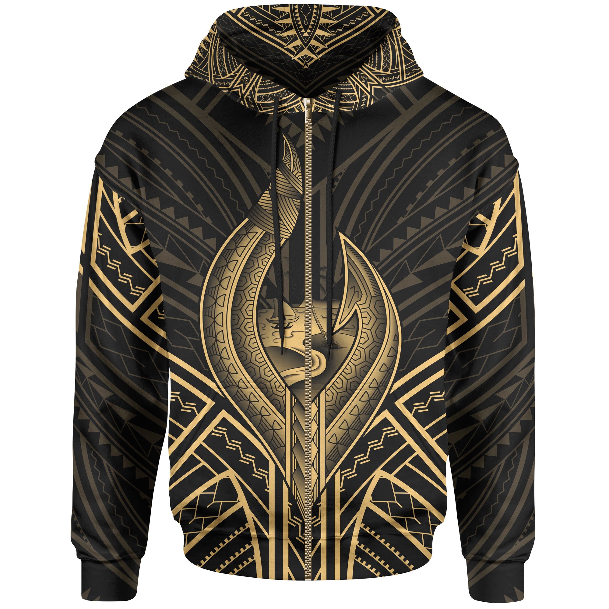 Guam Zip Hoodie Guam Seal Chamorro Tribal Gold Color Unisex Black - Polynesian Pride