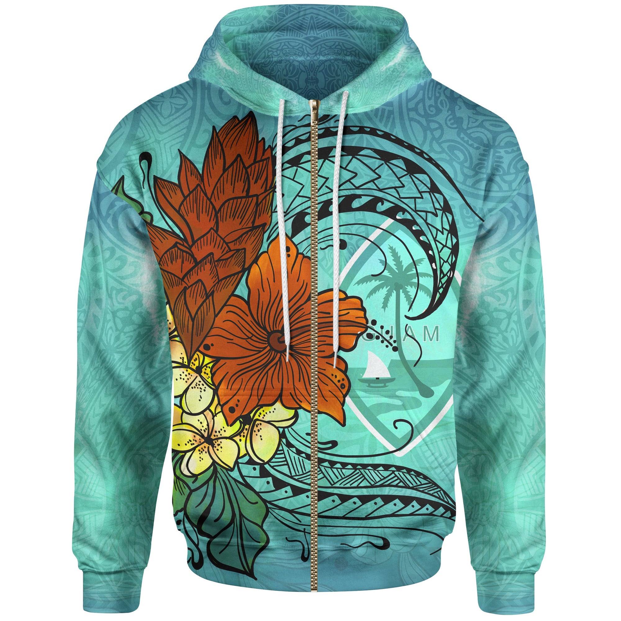 Guam Zip Hoodie Tropical Flowers Style Unisex Blue - Polynesian Pride