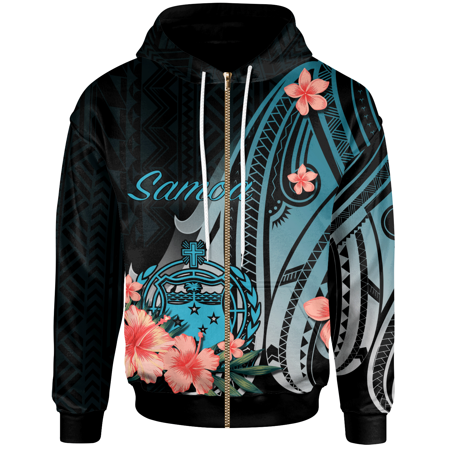 Samoa Zip Hoodie Turquoise Polynesian Hibiscus Pattern Style Unisex Turquoise - Polynesian Pride