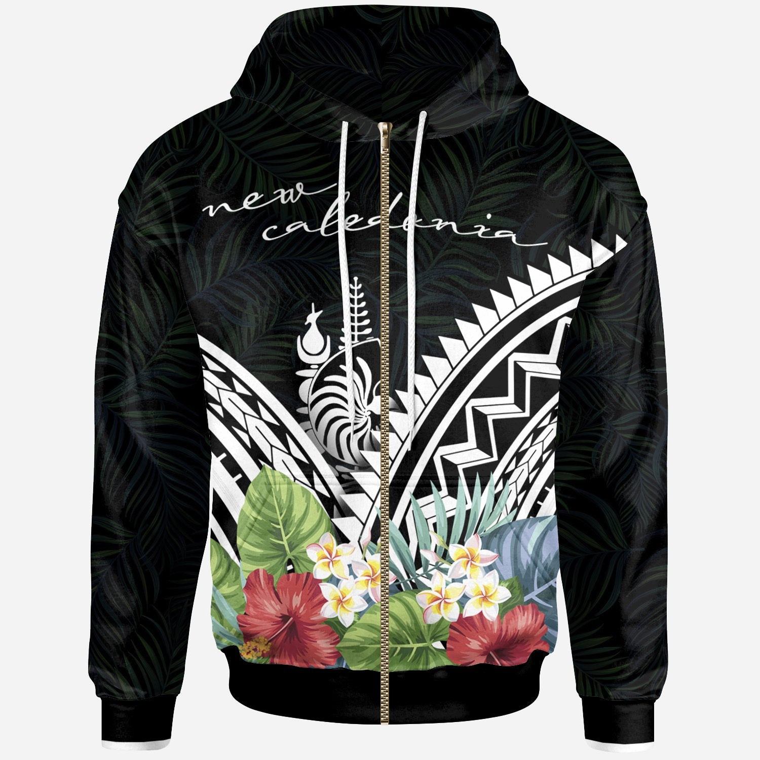 New Caleronia Polynesian Zip up Hoodie New Caleronia Coat of Arms & Polynesian Tropical Flowers White Unisex White - Polynesian Pride