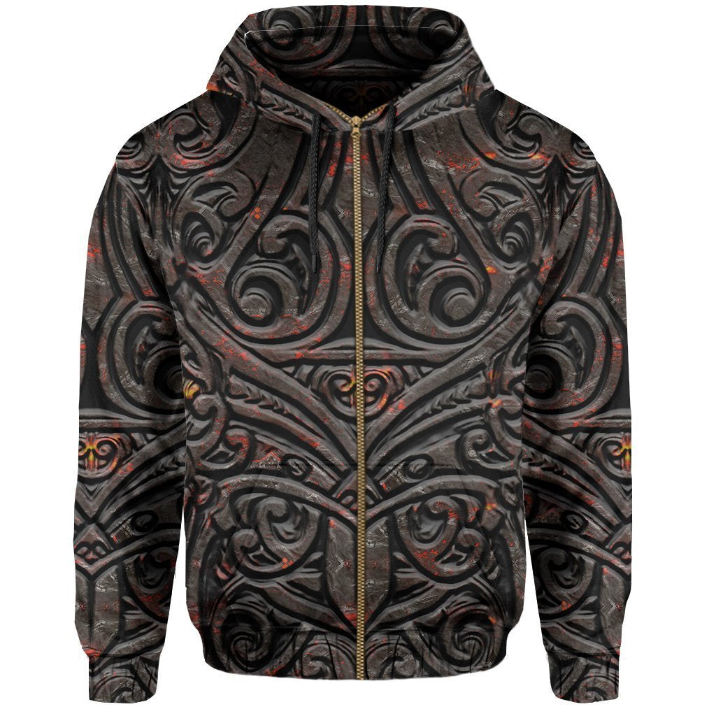 New Zealand Warriors Zip Hoodie Maori Tiki Vocalno Style Unisex Black - Polynesian Pride