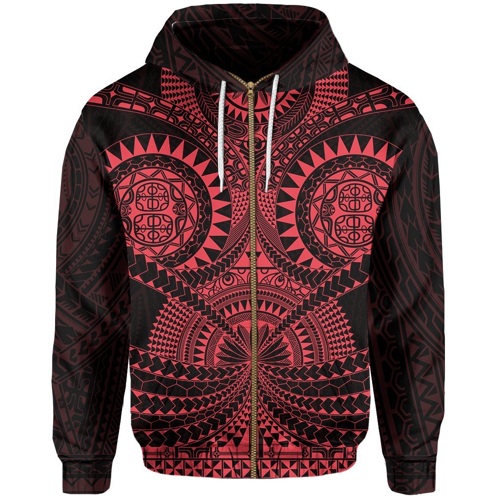 Polynesian Tattoo All Over Print Zip Hoodie Red Unisex Black - Polynesian Pride